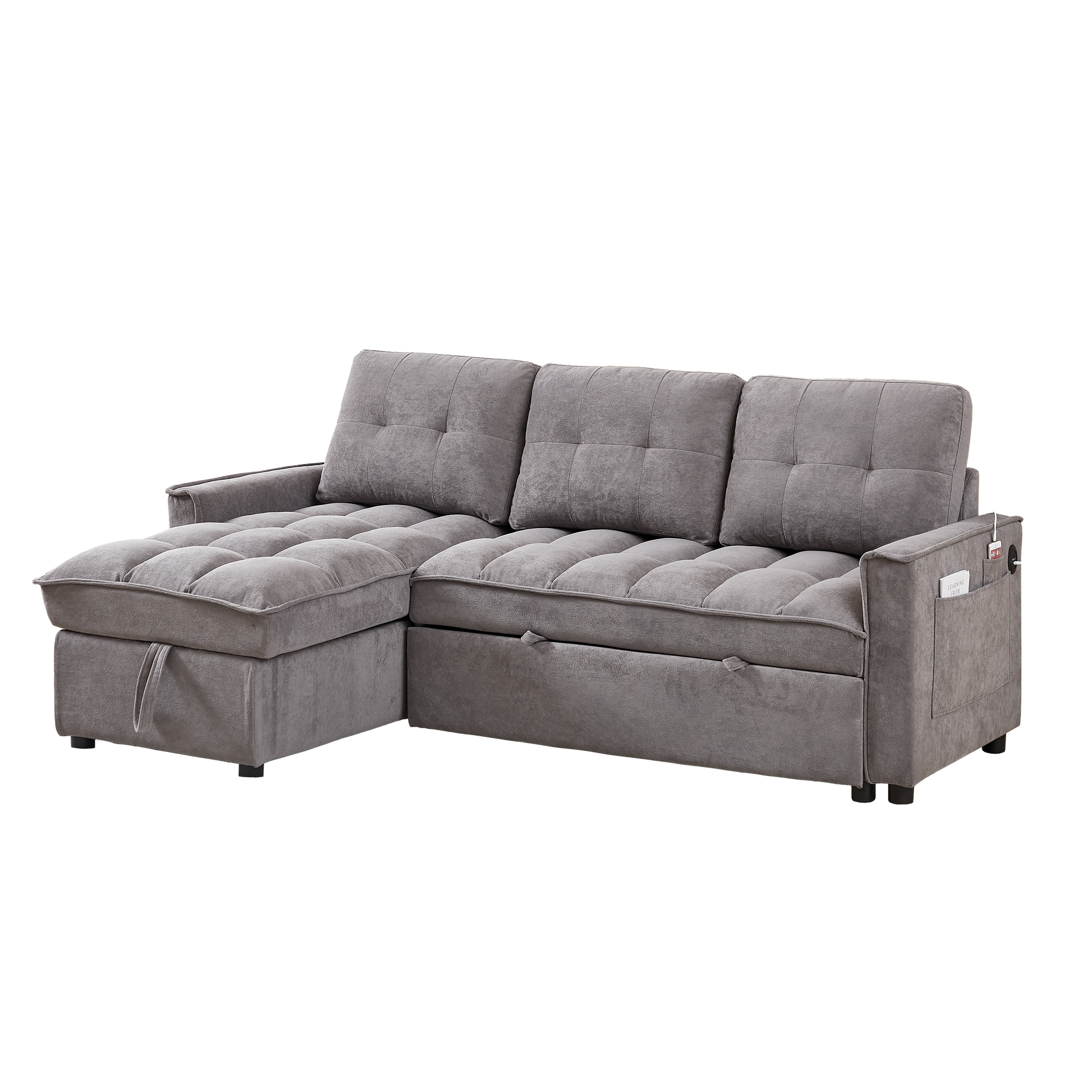 Mh 78.75" Reclining Sofa, Pull Out Sofa Bed With Usb And Tape C Charging Ports, L Shaped Sectional Sofa With Reclining Storage And Arm Side Organizer Pocket Features, Living Room Comfort Sofa Dark Grey Chenille Wood Primary Living Space Eucalyptus Foam