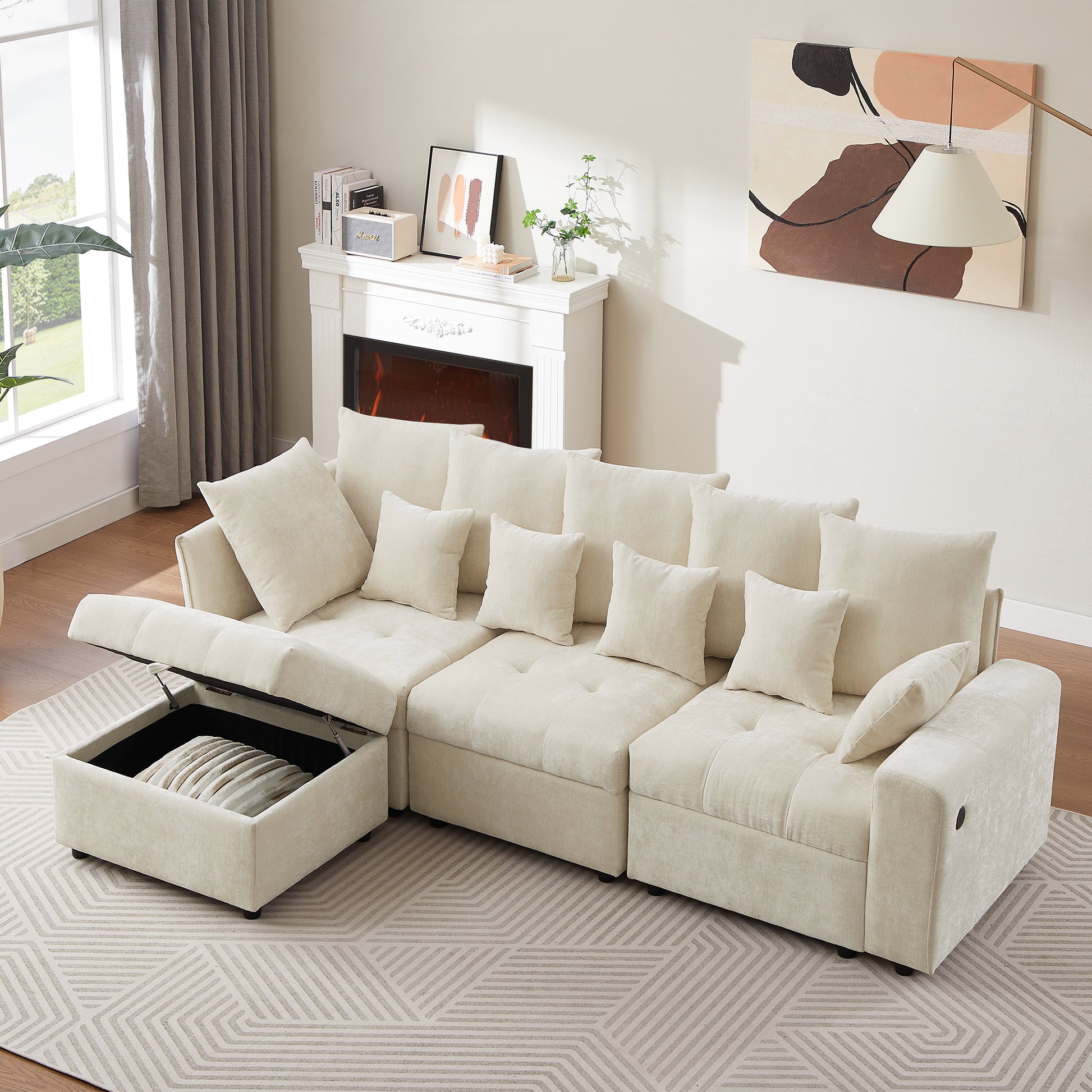 96.45"Sectional Sofa Modular Sofa Couch With Three Usb Ports, A Removable Storage Ottoman And Five Back Pillows For Living Room, Beige Beige Foam Chenille 4 Seat