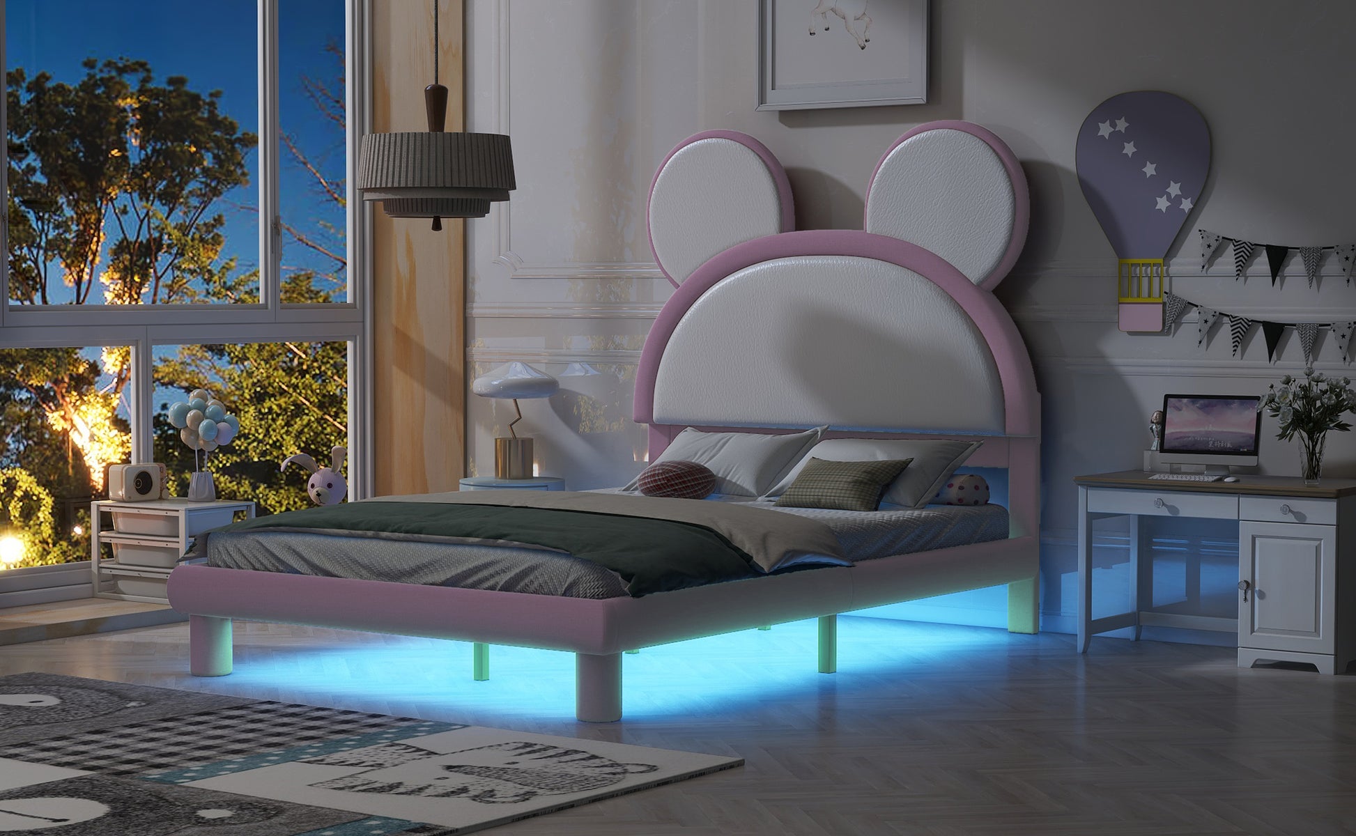 Full Size Upholstered Platform Bed With Cartoon Ears Shaped Headboard And Led, White&Pink Box Spring Not Required Full White Pink Bedroom Bed Frame Faux Leather Upholstered