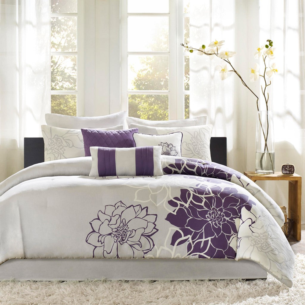 Printed Cotton Sateen Comforter Set Taupe Grey Purple Queen Queen Purple Cotton