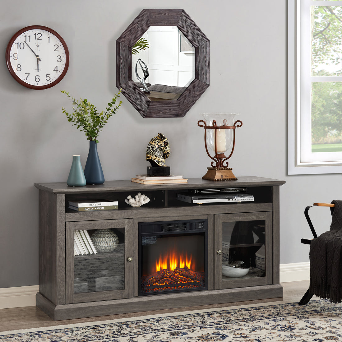 Modern Tv Media Stand Modern Entertainment Console With 18" Fireplace Insert For Tv Up To 65" With Open And Closed Storage Space, Dark Walnut Black, 60"W*15.75"D*29"H Black Dark Walnut 60 69 Inches Mdf