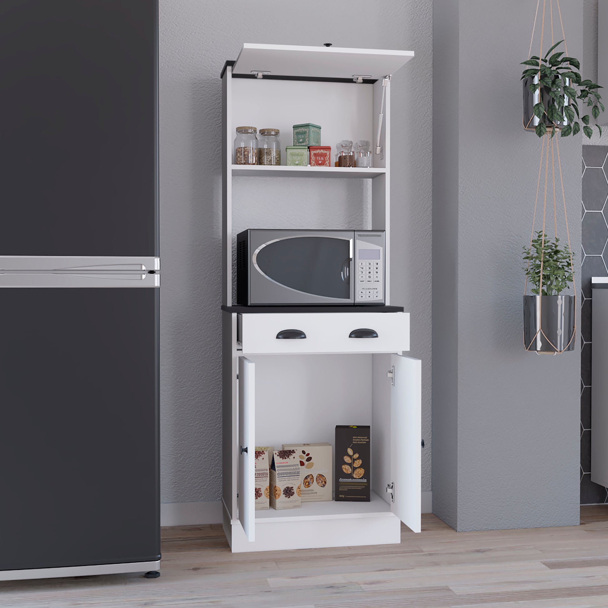 Apex Kitchen Pantry 66.3" H With Drawer, 2 Cabinets, And Microwave Stand, White Black White Black Solid Wood Mdf Engineered Wood