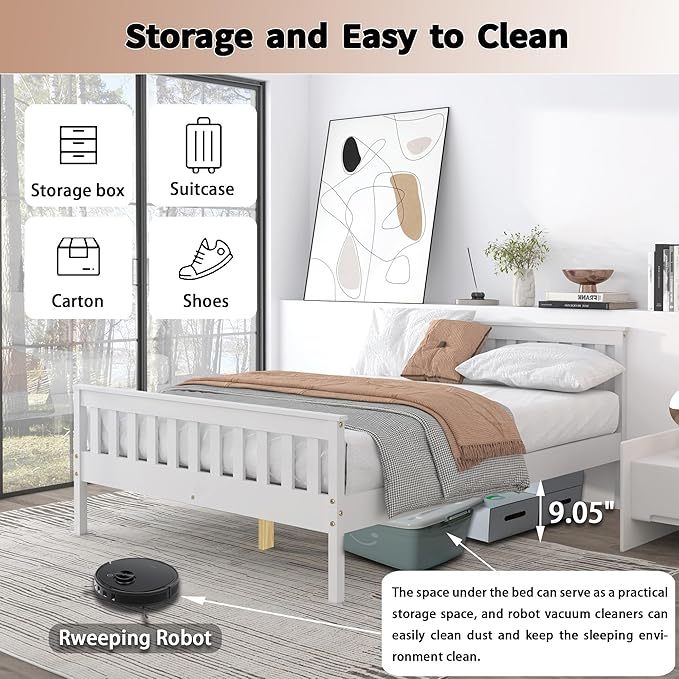 Queen Bed Frames With Headboard, Solid Wooden Platform Bed With Corner, Modern Low Profile Bed Frame, No Box Spring Needed, White Queen White Wood