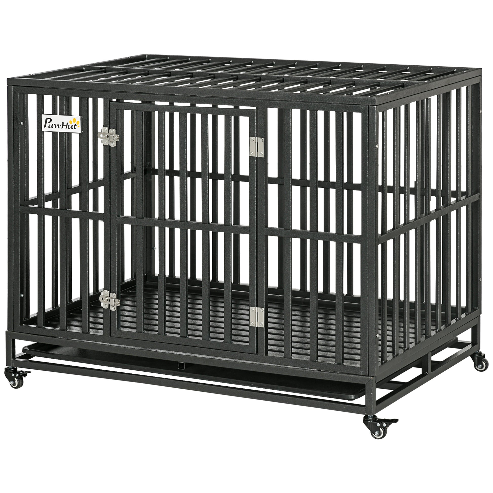 Pawhut Heavy Duty Dog Crate Metal Kennel And Cage Dog Playpen With Lockable Wheels, Slide Out Tray And Anti Pinching Floor, 45" X 29.5" X 35" Black Steel