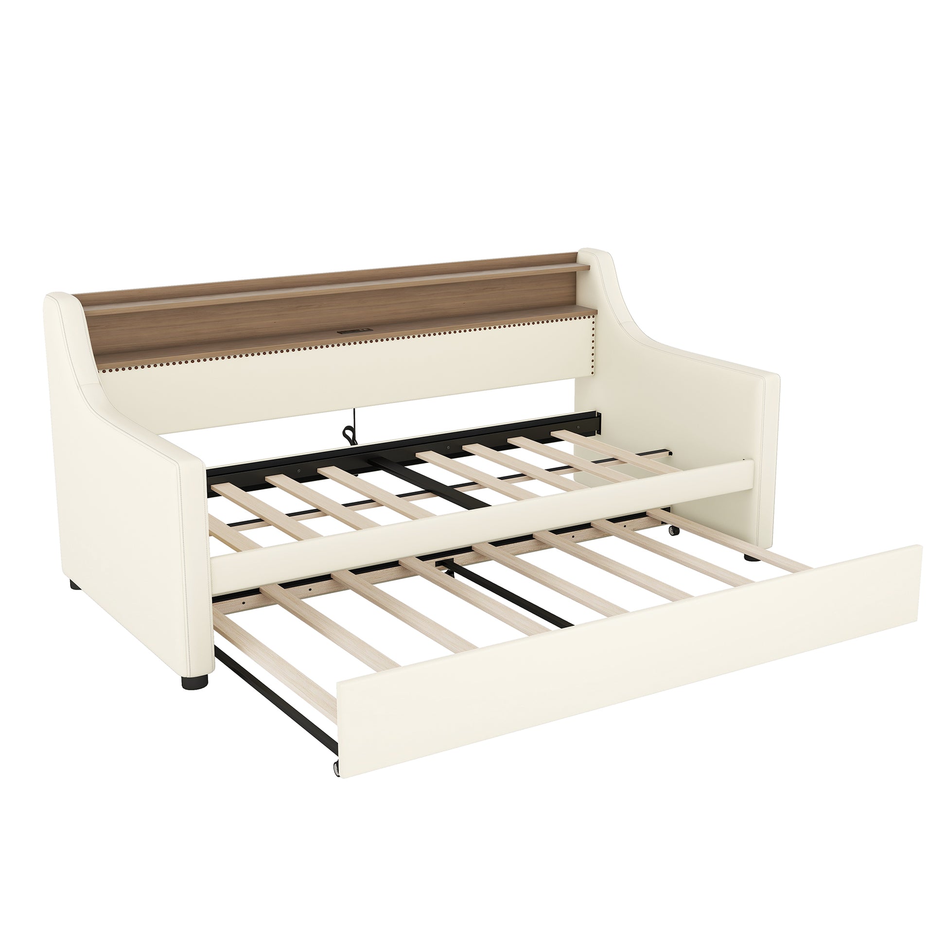 Twin Size Daybed With Trundle, Upholstered Daybed With Charging Station And Led Lights, White Expect Arrive Date:May 20Th. Twin White Pu Leather