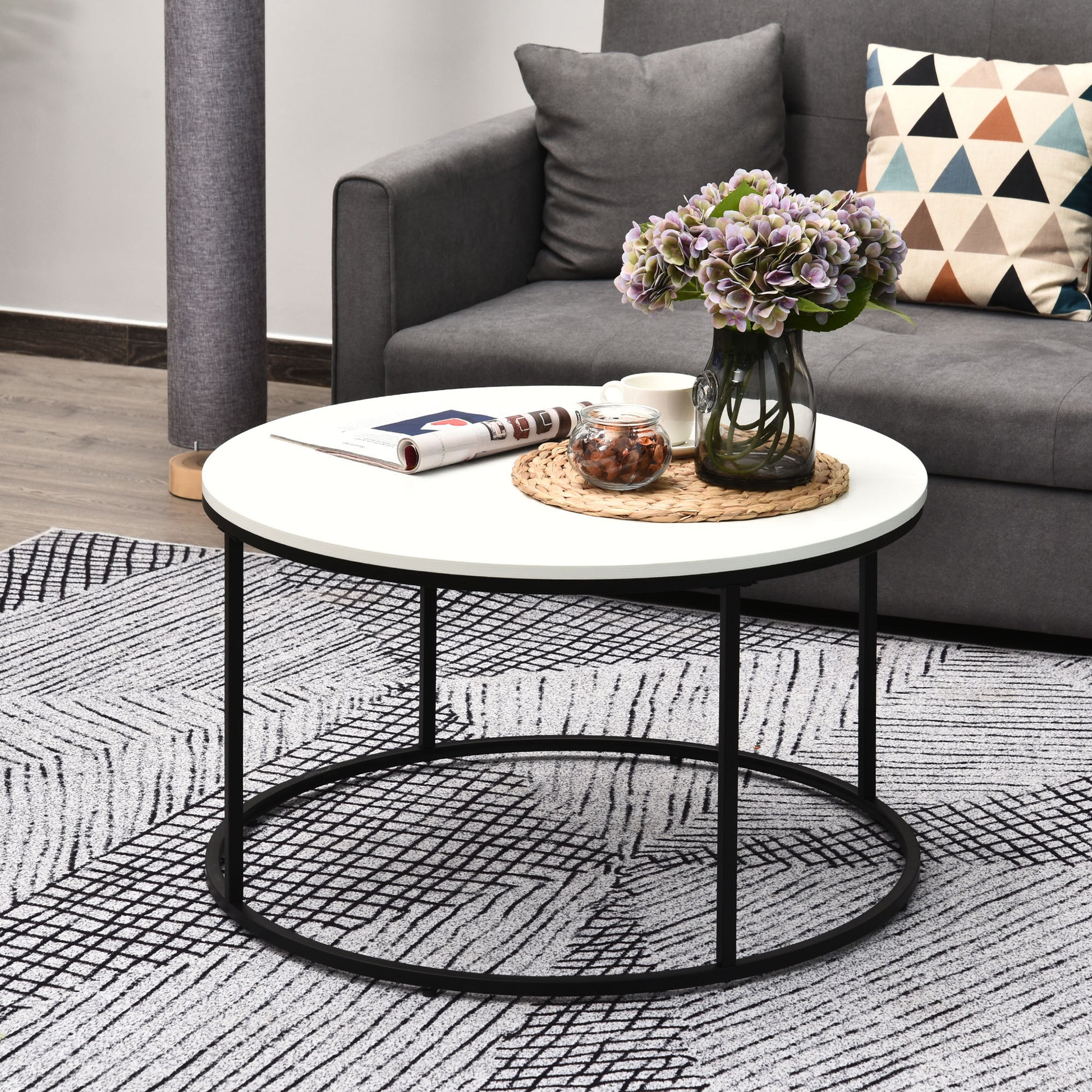 Homcom Round Coffee Table, 32 In Modern Center Table With Black Metal Frame, Coffee Tables For Living Room, White White Metal