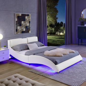 Queen Led Bed Frame Modern Faux Leather Upholstered Platform Bed Frame With Rgb Led Lights And Headboard Wave Like Curve Low Profile Bed Frame,Wood Slats Support,Easy Assembly, White Queen White Pu