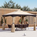 Outsunny 10' X 12' Outdoor Gazebo With Netting And Curtains, Patio Gazebo Canopy With 2 Tier Soft Top Roof And Steel Frame For Lawn, Garden, Backyard And Deck Beige Brown Steel