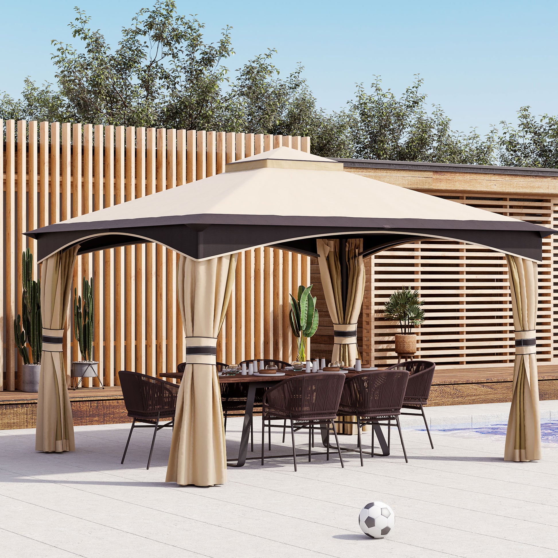 Outsunny 10' X 12' Outdoor Gazebo With Netting And Curtains, Patio Gazebo Canopy With 2 Tier Soft Top Roof And Steel Frame For Lawn, Garden, Backyard And Deck Beige Brown Steel