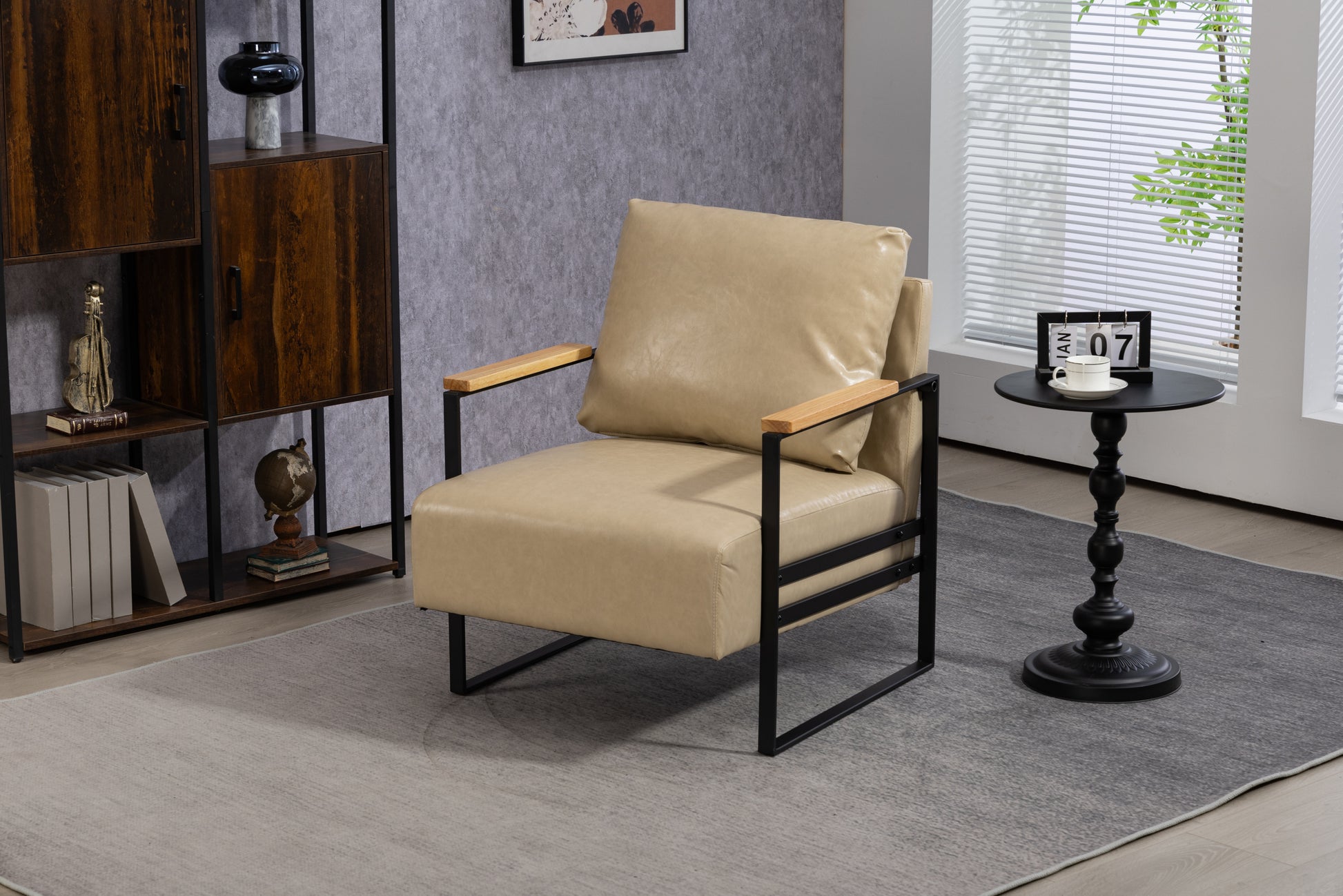 Leather Accent Chair Guest Chair For Living Room, Mid Century Armchair For Bedroom Khaki Pu