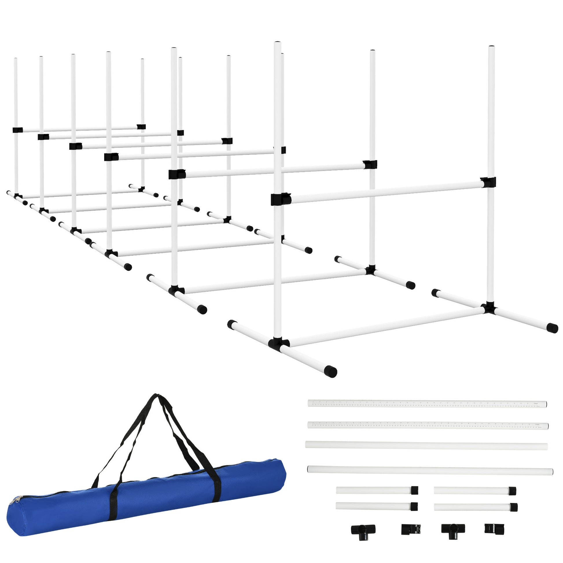 Pawhut 6 Piece Dog Agility Training Equipment For Dog Agility Course With Adjustable Height Jump Bars, Included Carry Bag, & Displacing Top Bar, White White Plastic