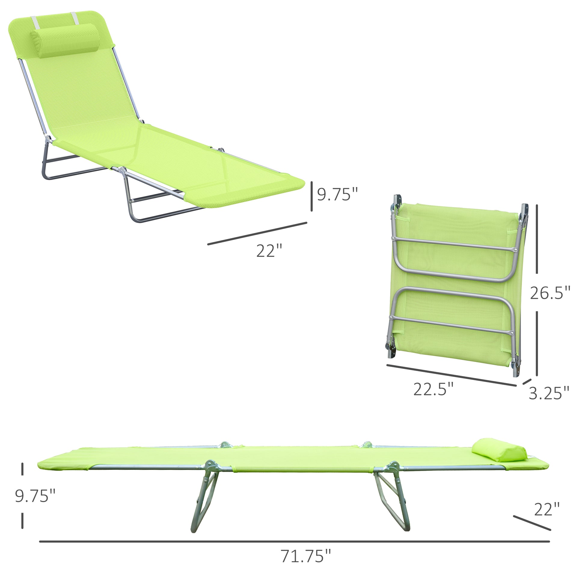 Outsunny Folding Chaise Lounge Pool Chairs, Outdoor Sun Tanning Chairs With Pillow, Reclining Back, Steel Frame &Mesh For Beach, Yard, Patio, Green Green Steel