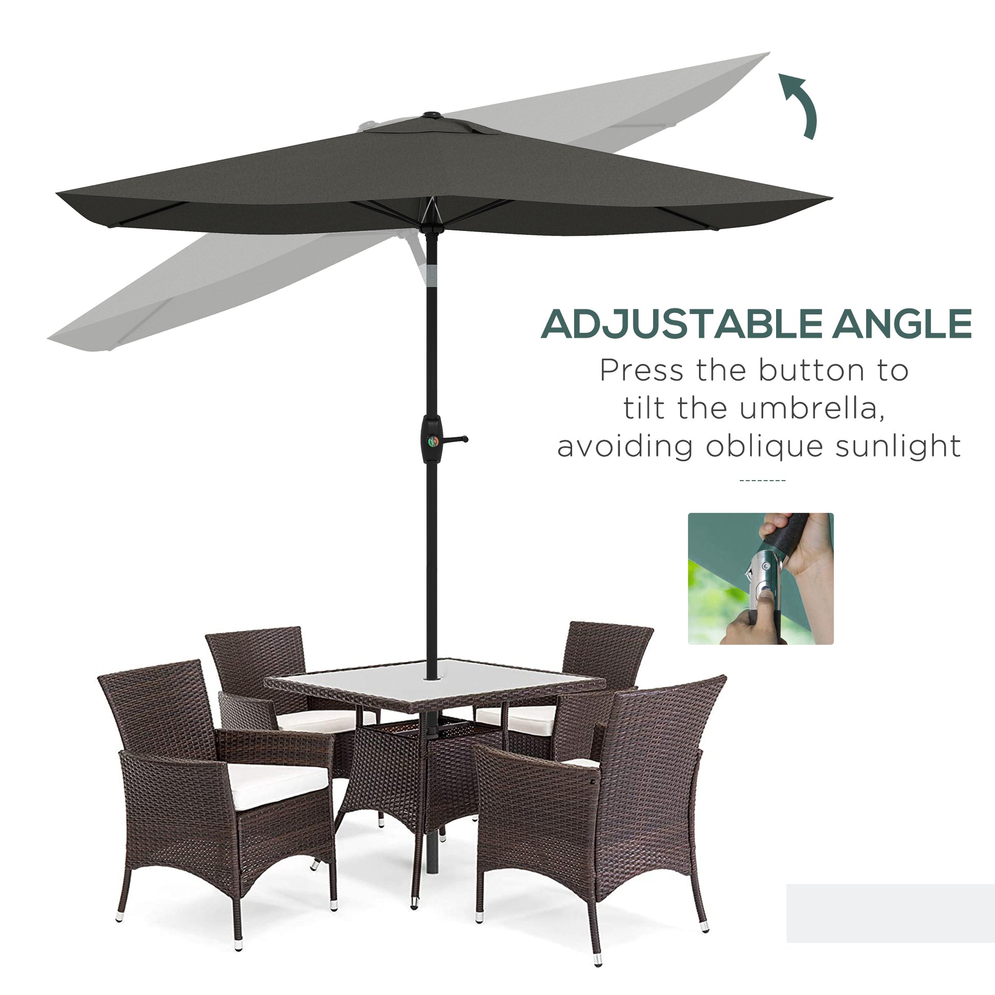 Outsunny 6.5' X 10' Rectangular Market Umbrella, Patio Outdoor Table Umbrella With Crank And Push Button Tilt, Dark Gray Gray Steel
