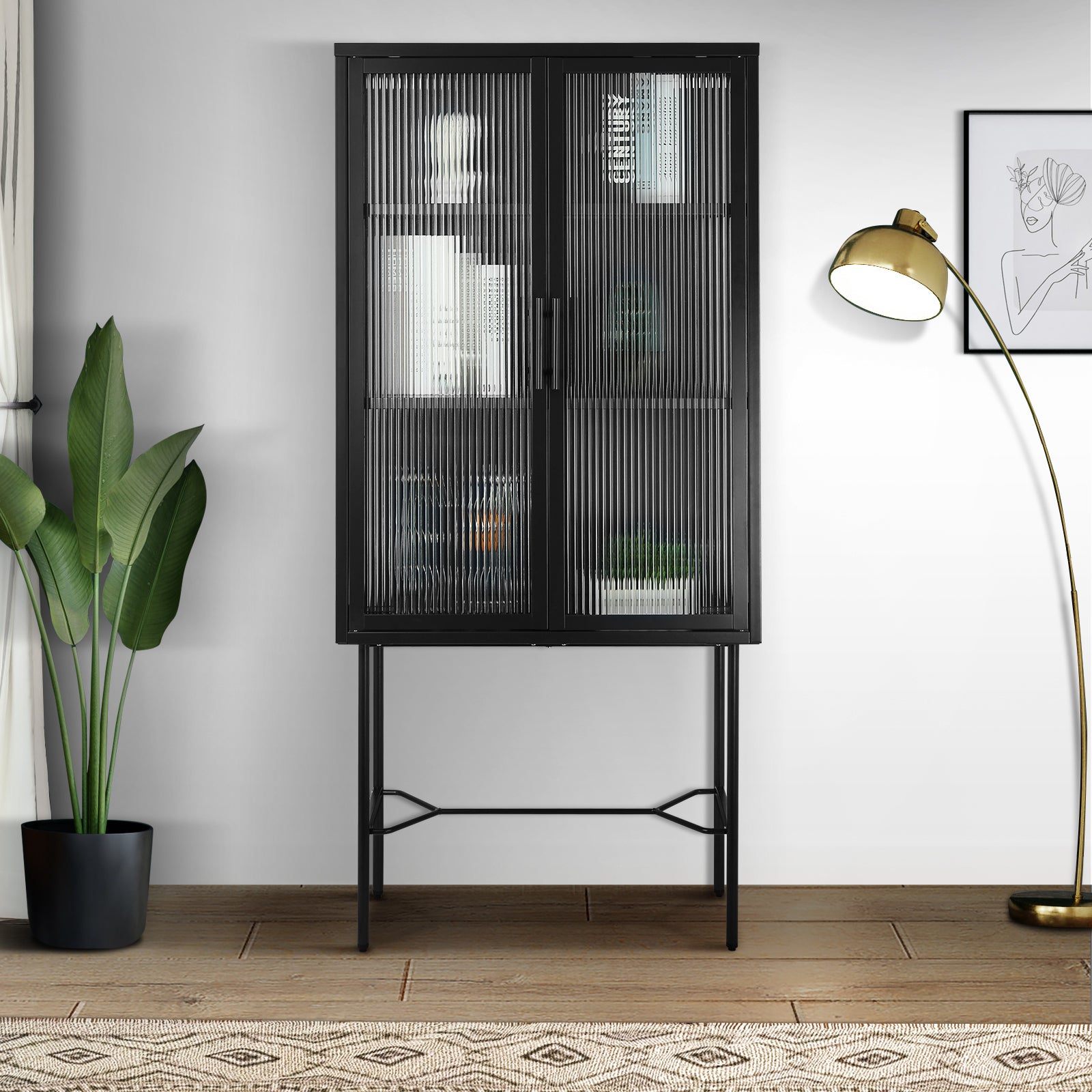 Elegant Floor Cabinet With 2 Tampered Glass Doors Living Room Display Cabinet With Adjustable Shelves Anti Tip Dust Free Easy Assembly Black Color Black Steel