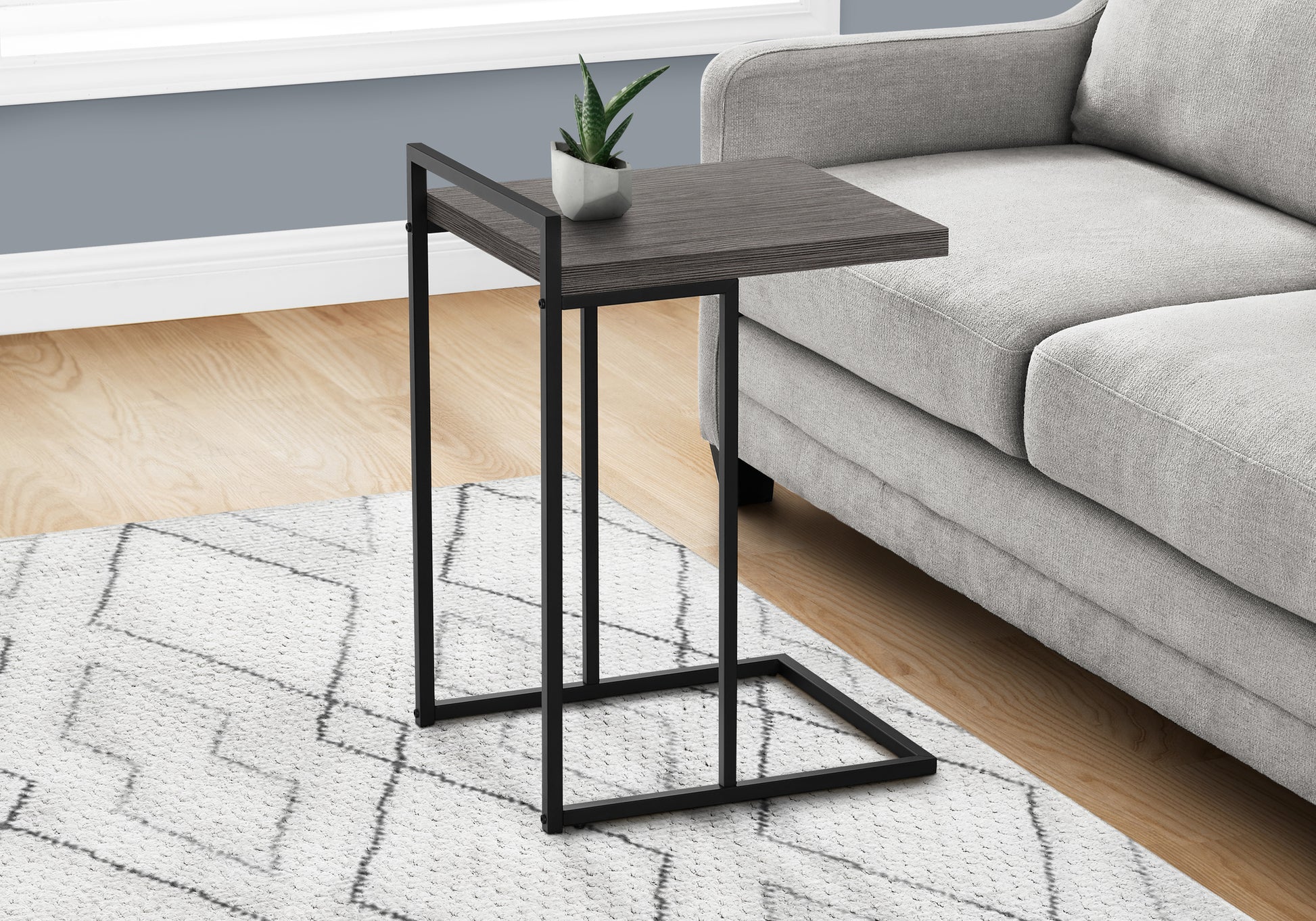 Accent Table, C Shaped, End, Side, Snack, Living Room, Bedroom, Grey Laminate, Black Metal, Contemporary, Modern Grey Particle Board