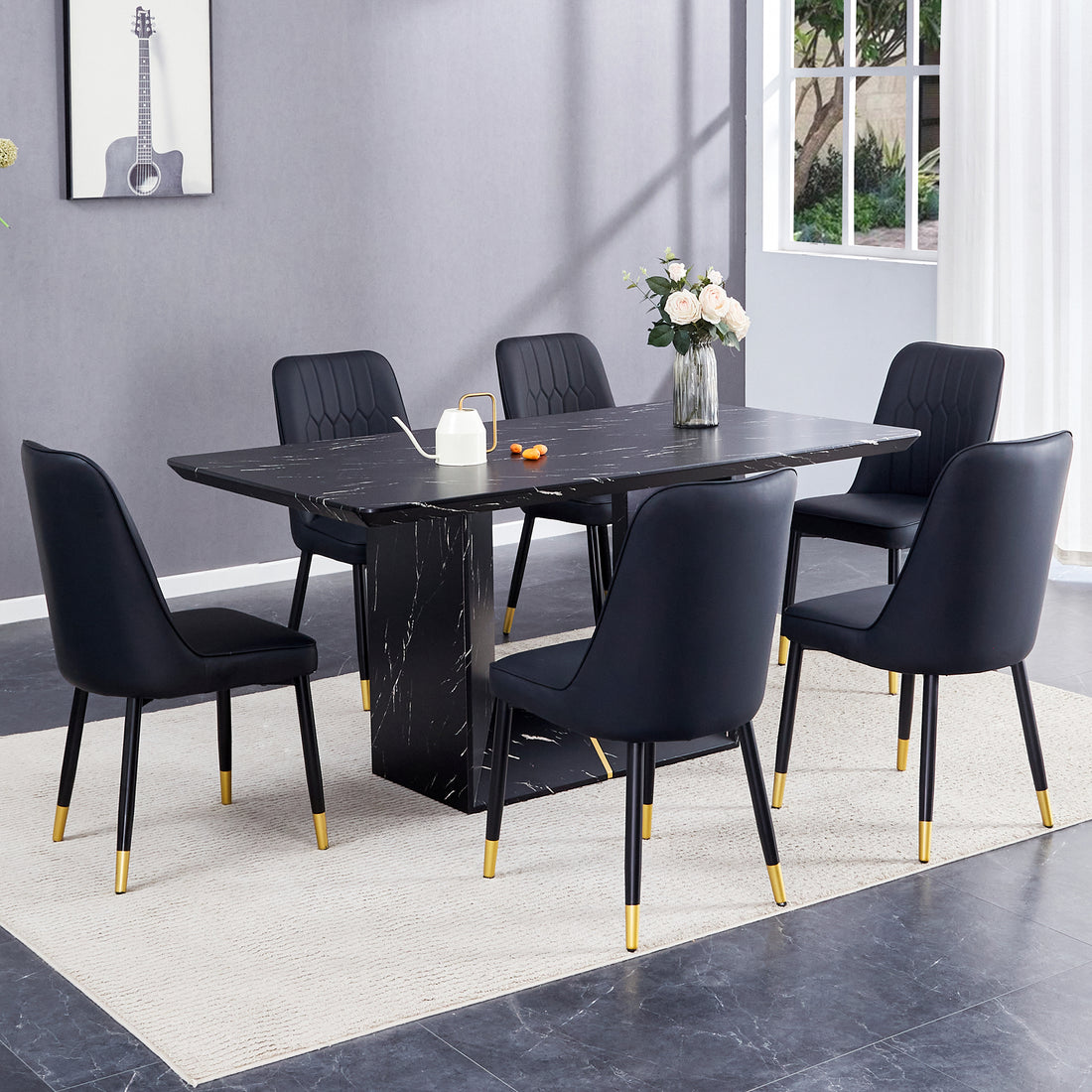 Table And Chair Set.This Modern Dining Table With Mdf Marbled Design Gives You A Luxurious And Elegant Feel.Paired With Multiple Chairs With Pu Artificial Leather Backrest Cushions And Black Legs. Black Seats 6 Mdf