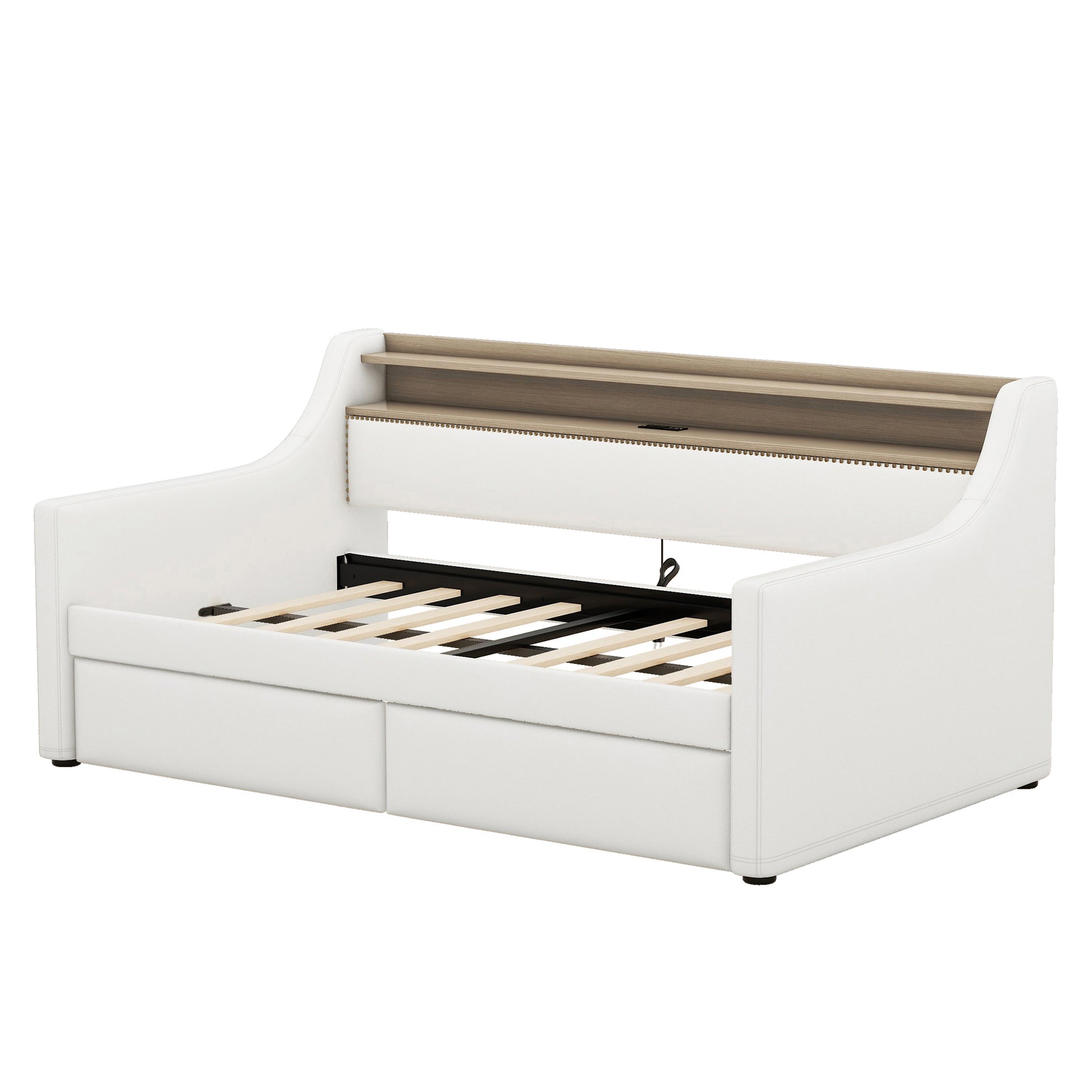 Twin Size Daybed With Drawers, Upholstered Daybed With Charging Station And Led Lights, White Old Item W1580S00021 Twin White Pu Leather