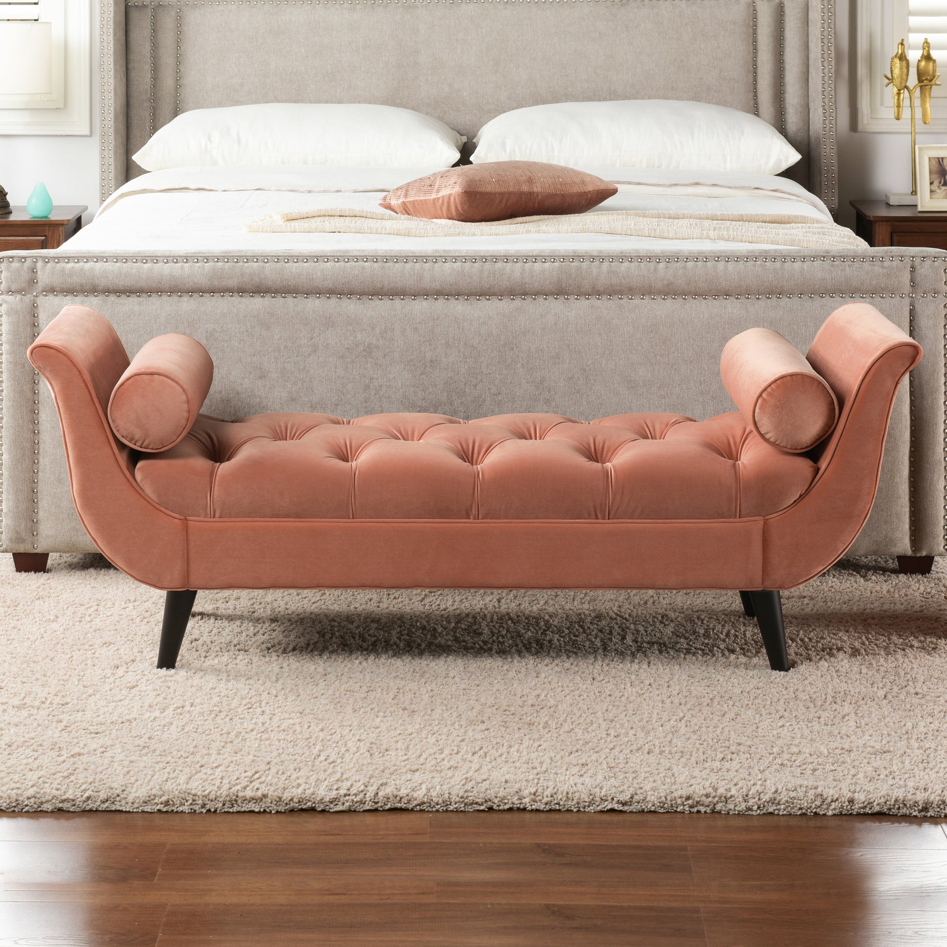 Alma Tufted Flared Arm Entryway Bench, Peach Orange Velvet Orange Foam Velvet