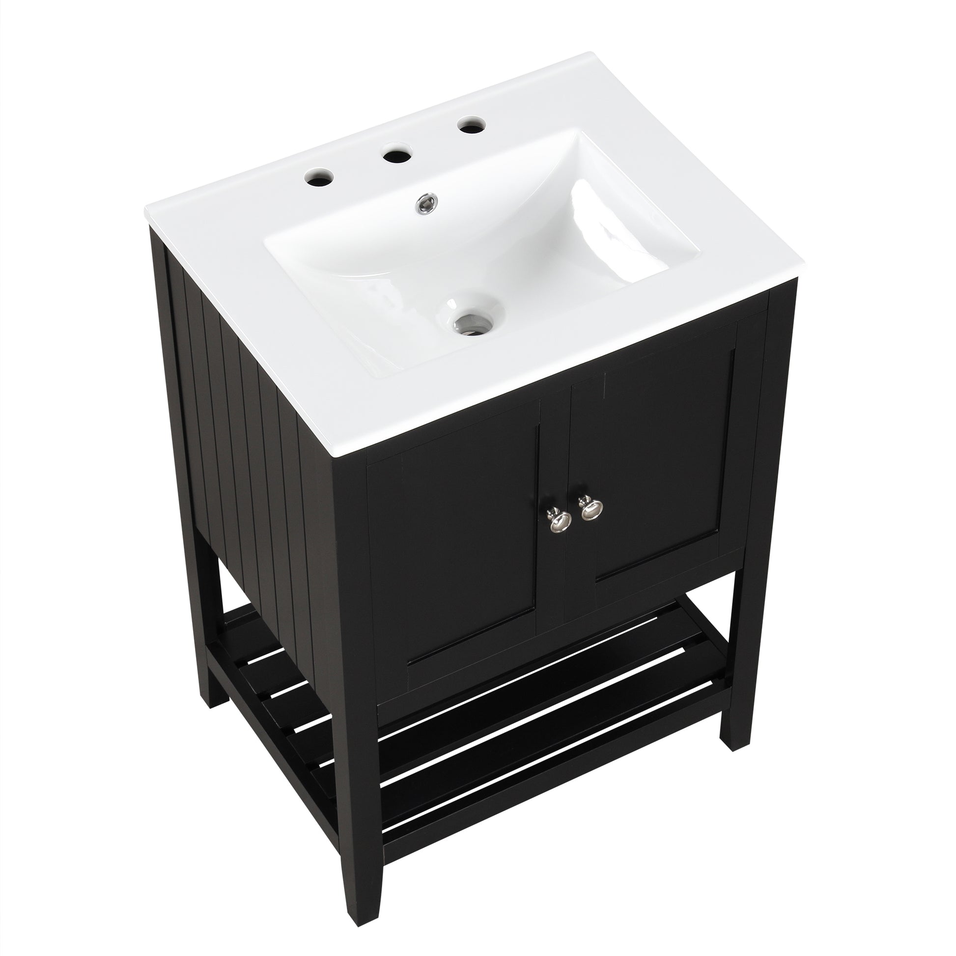 Video 24" Black Modern Sleek Bathroom Vanity Elegant Ceramic Sink With Solid Wood Frame Open Style Shelf Black Solid Wood Mdf