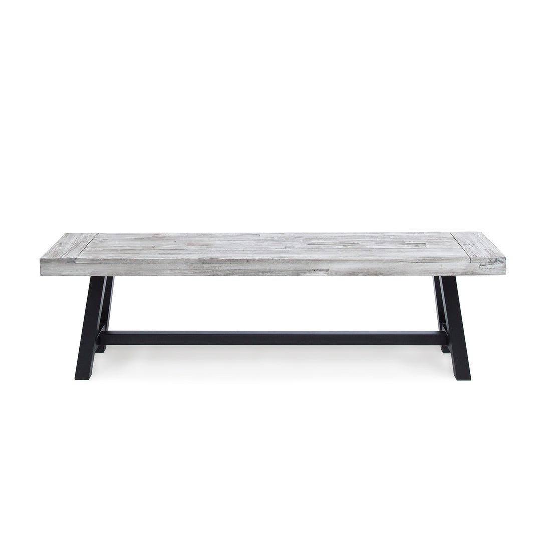 Light Grey Sandblast Finish Acacia Wood Dining Bench With Black Rustic Metal Finish Frame Grey Black Acacia Wood