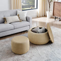Round Storage Ottoman, Woven Rattan Fabric Ottoman, 2 In 1 Function, Work As End Table And Ottoman,With Small Seat Nature 25