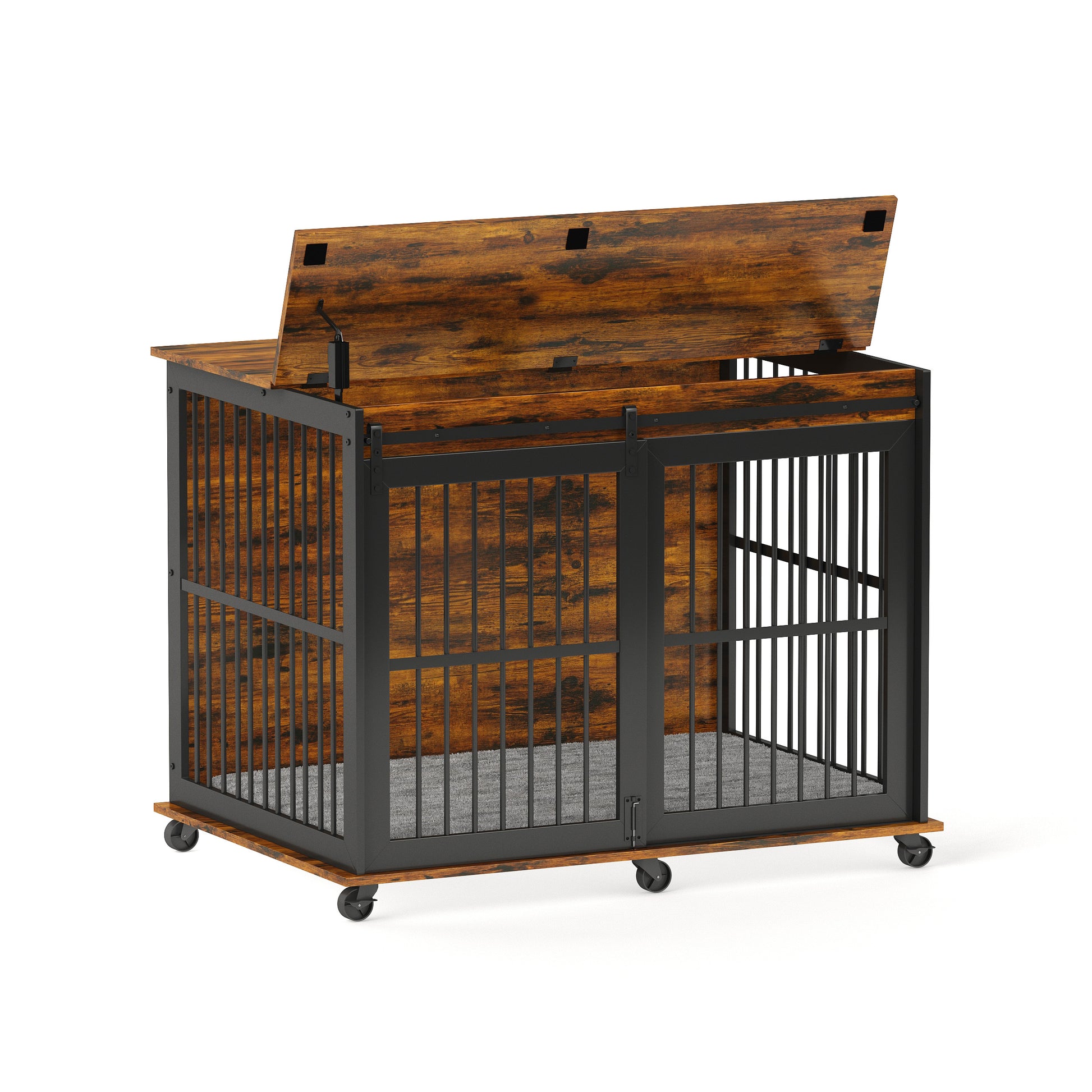 Furniture Dog Crate Sliding Iron Door Dog Crate With Mat. Rustic Brown,43.7''W X 30''D X 33.7''H . Rustic Brown Particle Board