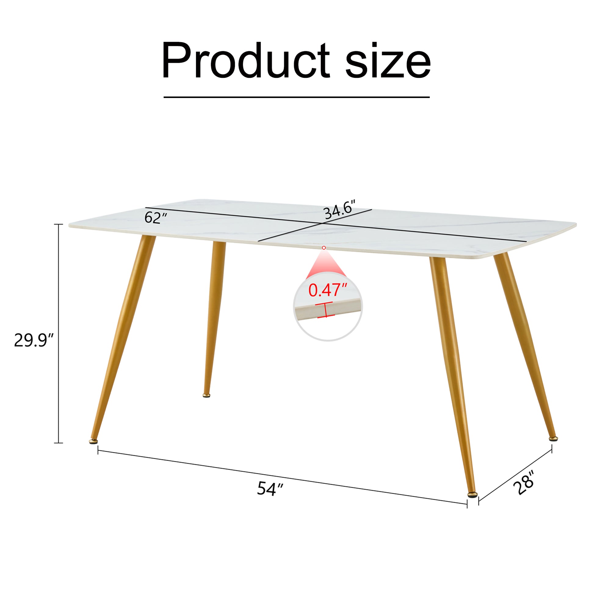 Modern Minimalist Dining Table. White Imitation Marble Pattern Sintered Stone Desktop With Golden Metal Legs.62"*34.6"*29.9" F 001 Gold Sintered Stone