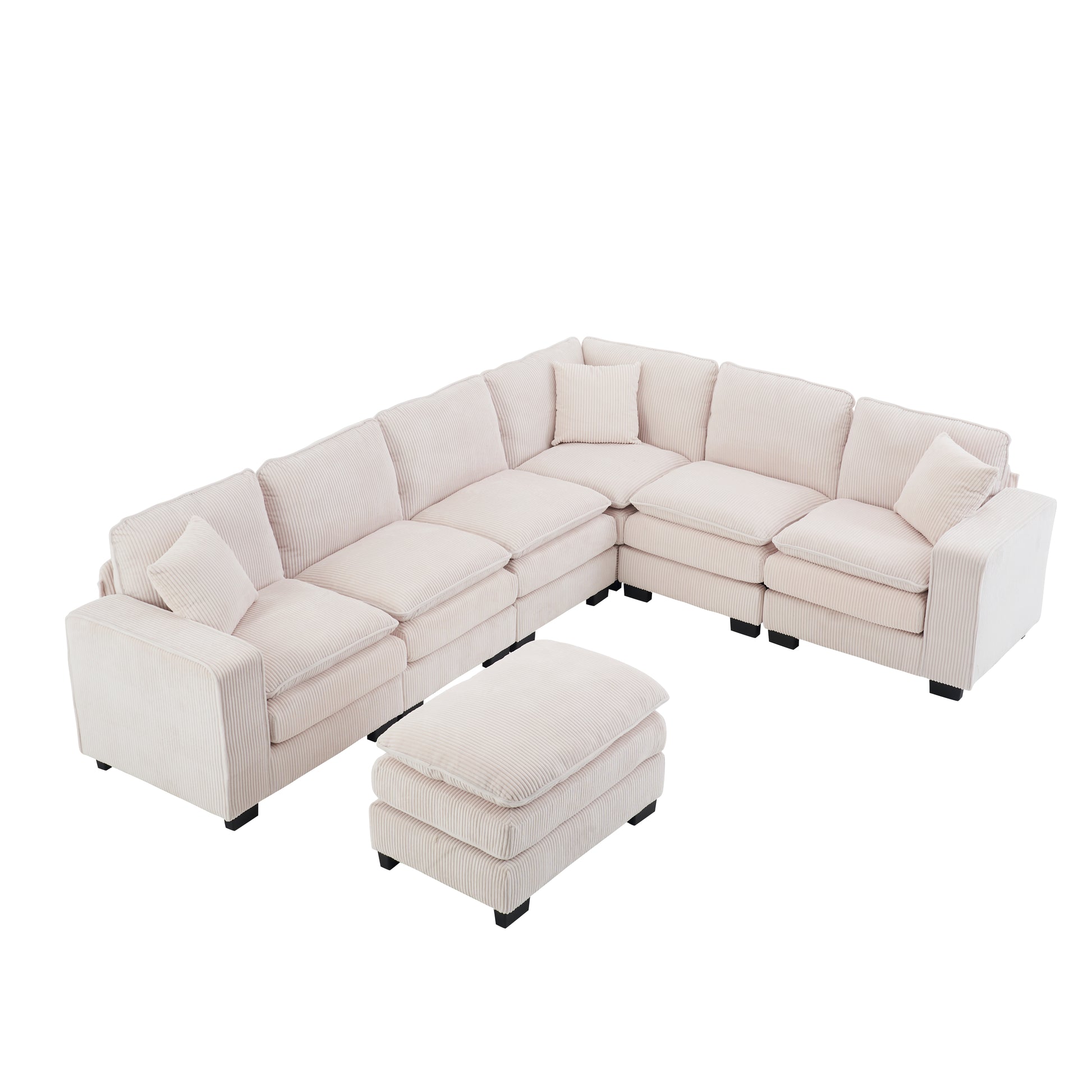 Modern U Shaped 6 Seat Sectional Sofa Couch With One Ottoman And Three Toss Pillows ,Modular Sofa For Living Room,Corduroy Sofa White Corduroy 7 Seat
