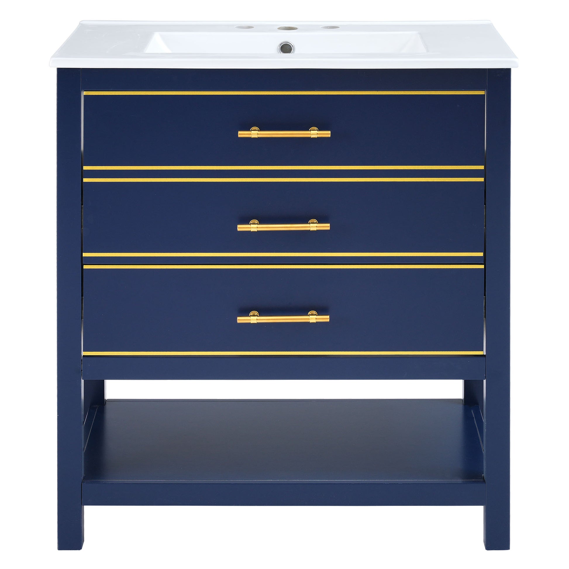 Viedo Modern 30Inch Navy Blue White Bathroom Vanity Cabinet Combo With Openstorge, Two Drawers Blue Bathroom Solid Wood Mdf