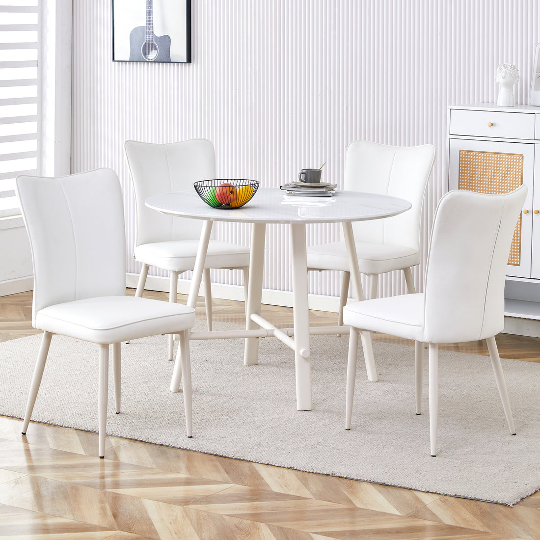 Table And Chair Set, Mdf Desktop, White Metal Table Legs, Stable And Beautiful, Suitable For Most Styles Of Home. Modern Simple Dining Table, Comfortable Seating. White Seats 4 Mdf