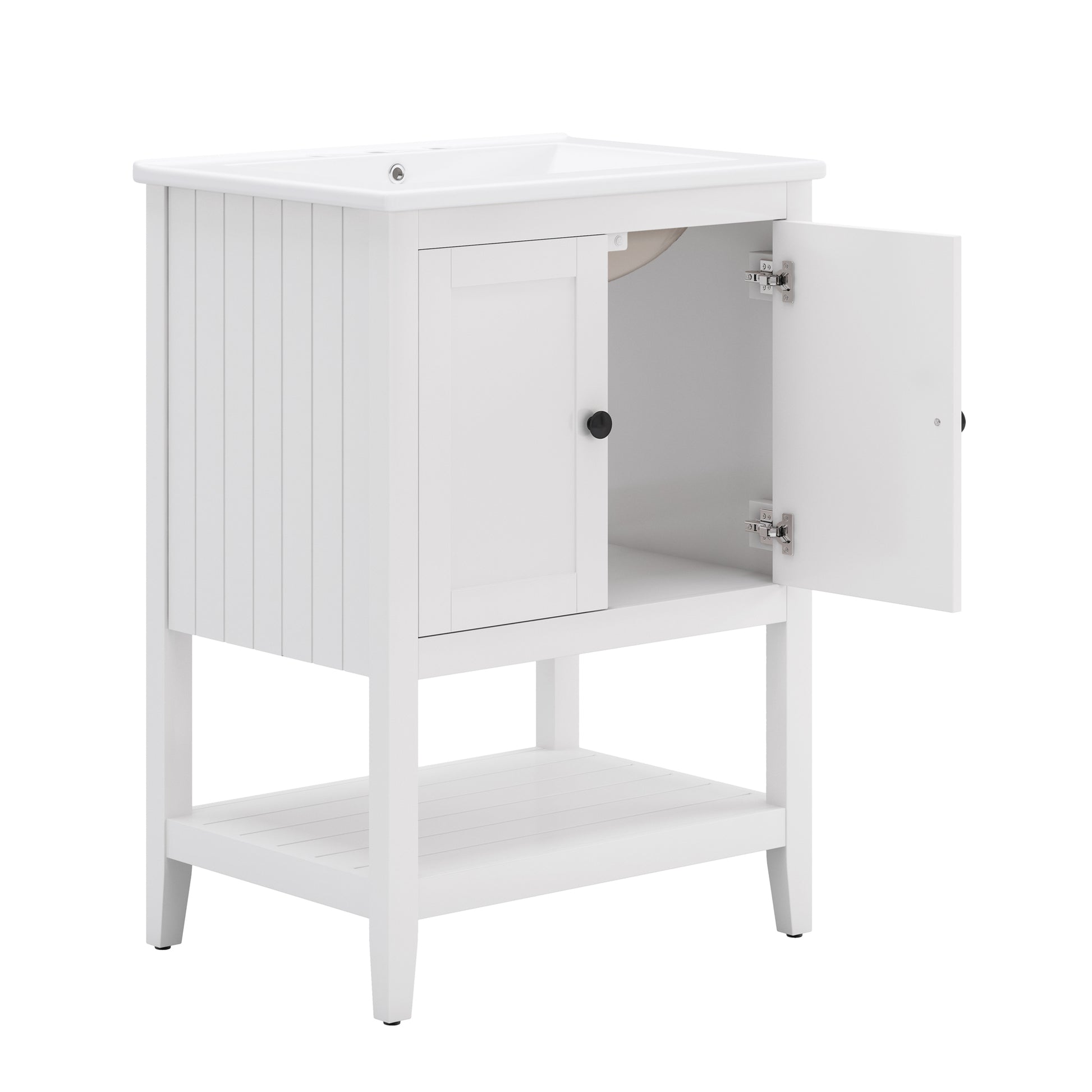 24" White Modern Sleek Bathroom Vanity Elegant Ceramic Sink With Solid Wood Frame Open Style Shelf White Solid Wood