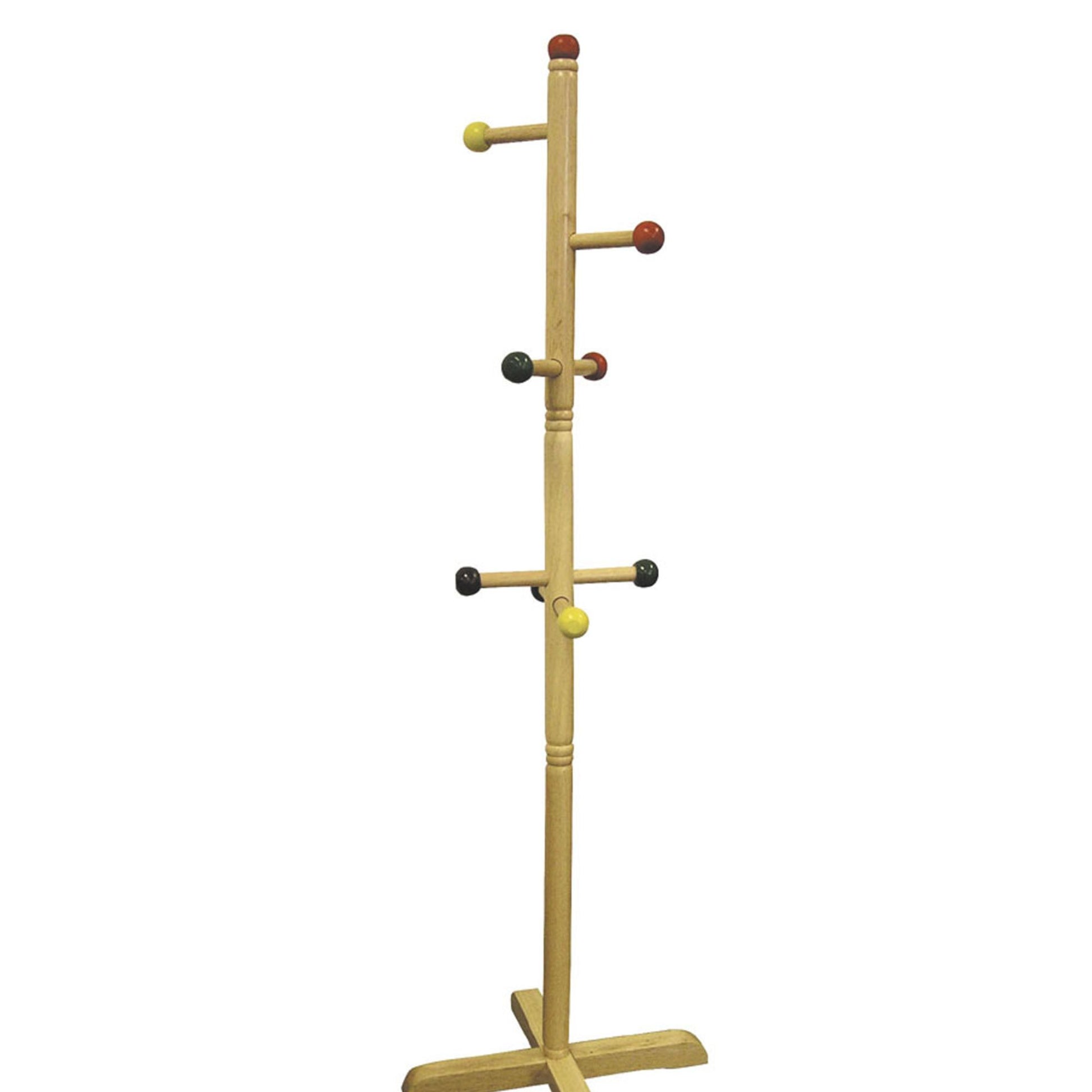 49.5" Tall Wooden Kids Standing Coat Rack, Natural Finish, 8 Colored Pegs Natural Wood