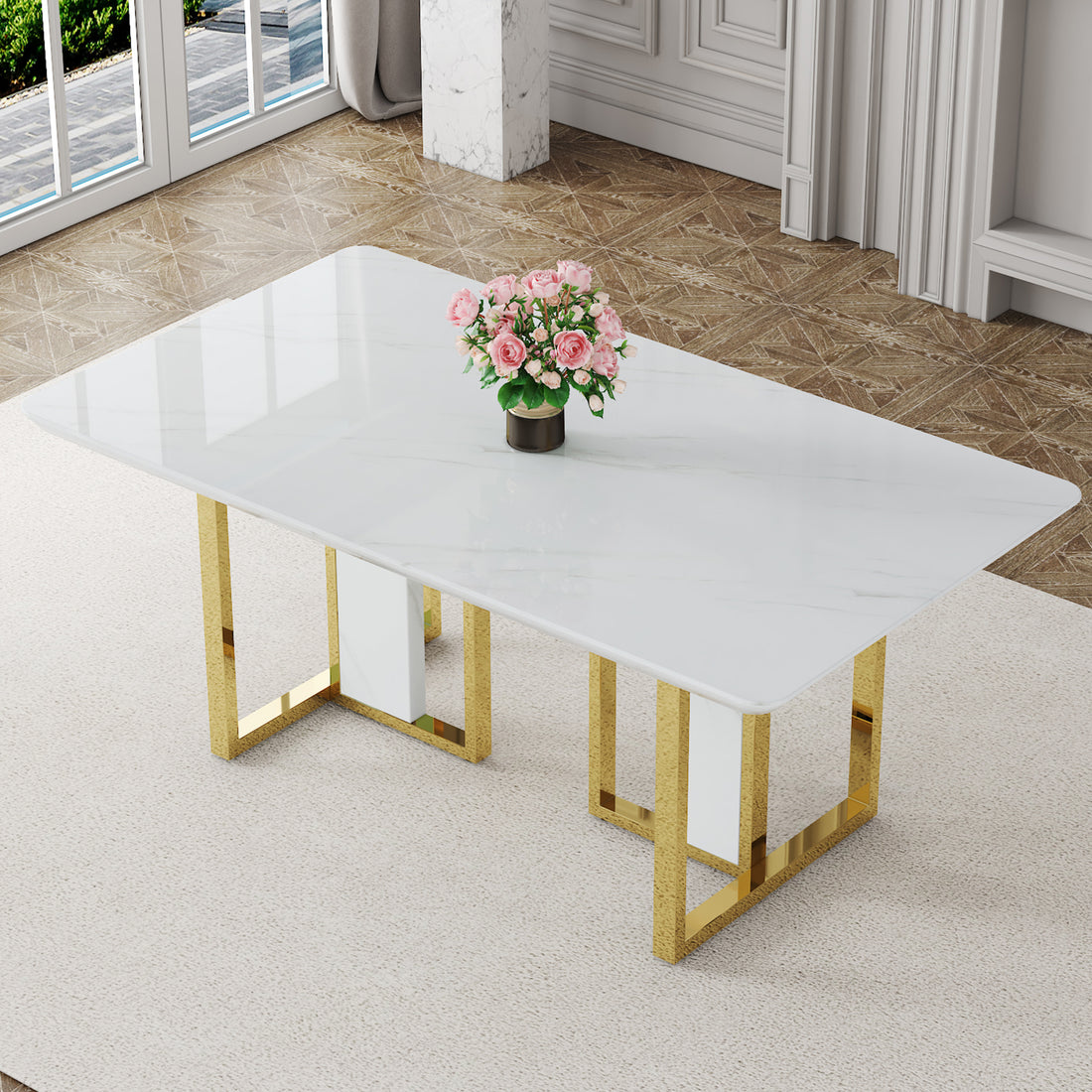 Modern Minimalism And Luxurious White Rectangular Patterned Dining Table. The Computer Desk. The Game Table. Dining Tables Are Used In The Dining Room, Living Room, Terrace And Kitchen 67 *36 *30