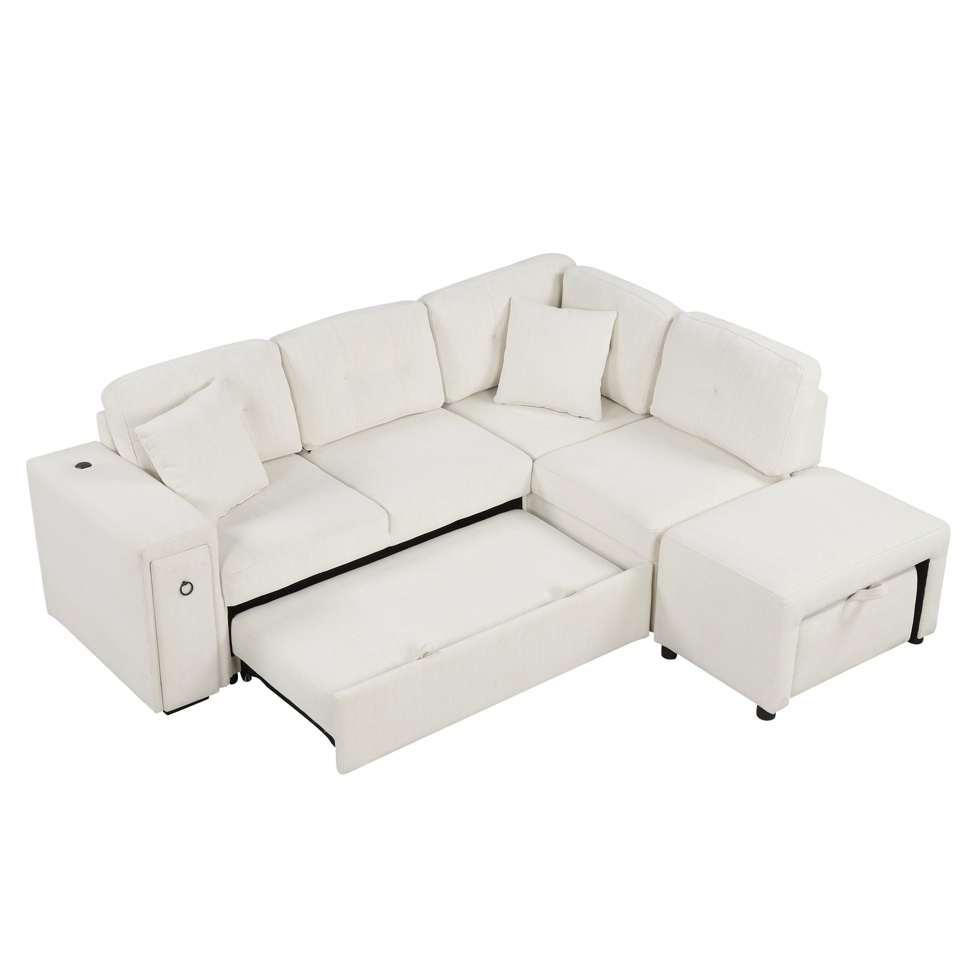 86.6" Sectional Sofa L Shaped Sofa Couch Pull Out Sofa Bed With A Movable Ottoman, Two Usb Ports And Two Cup Holders For Living Room, Beige Beige Foam Chenille 4 Seat