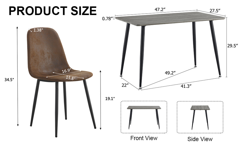 1 Table And 4 Chairs Set.Gray Wood Grain Table With Mdf Tabletop And Black Iron Legs.A Set Of 4 Modern Medieval Style Chairs, Equipped With Soft Cushions And Black Metal Legs.Dt 1226,B0501A Gray Mdf Metal