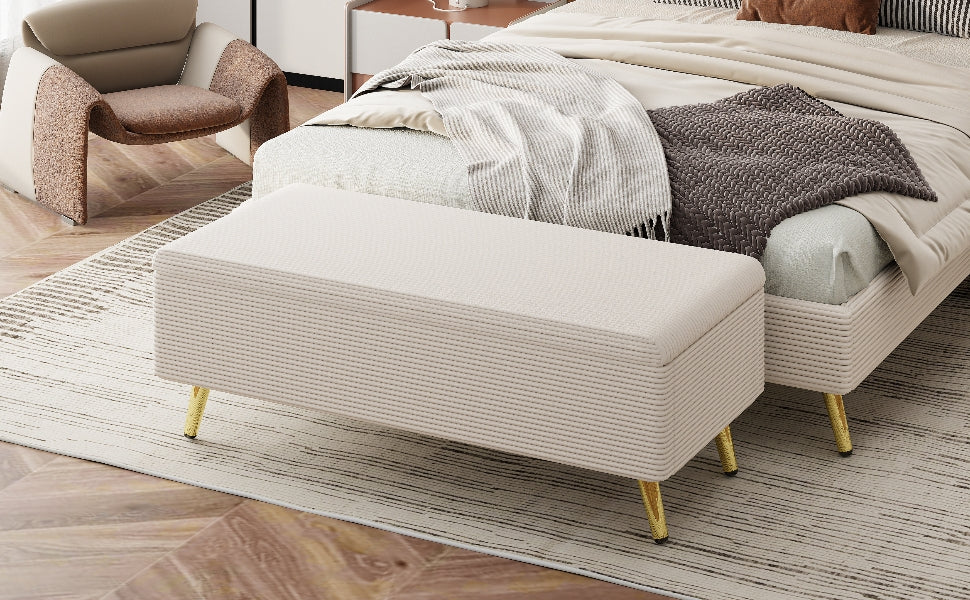 Modern Corduroy Upholstered Ottoman With Metal Legs, Storage Bench For Bedroom,Living Room,Beige Beige Polyester Solid Wood Mdf