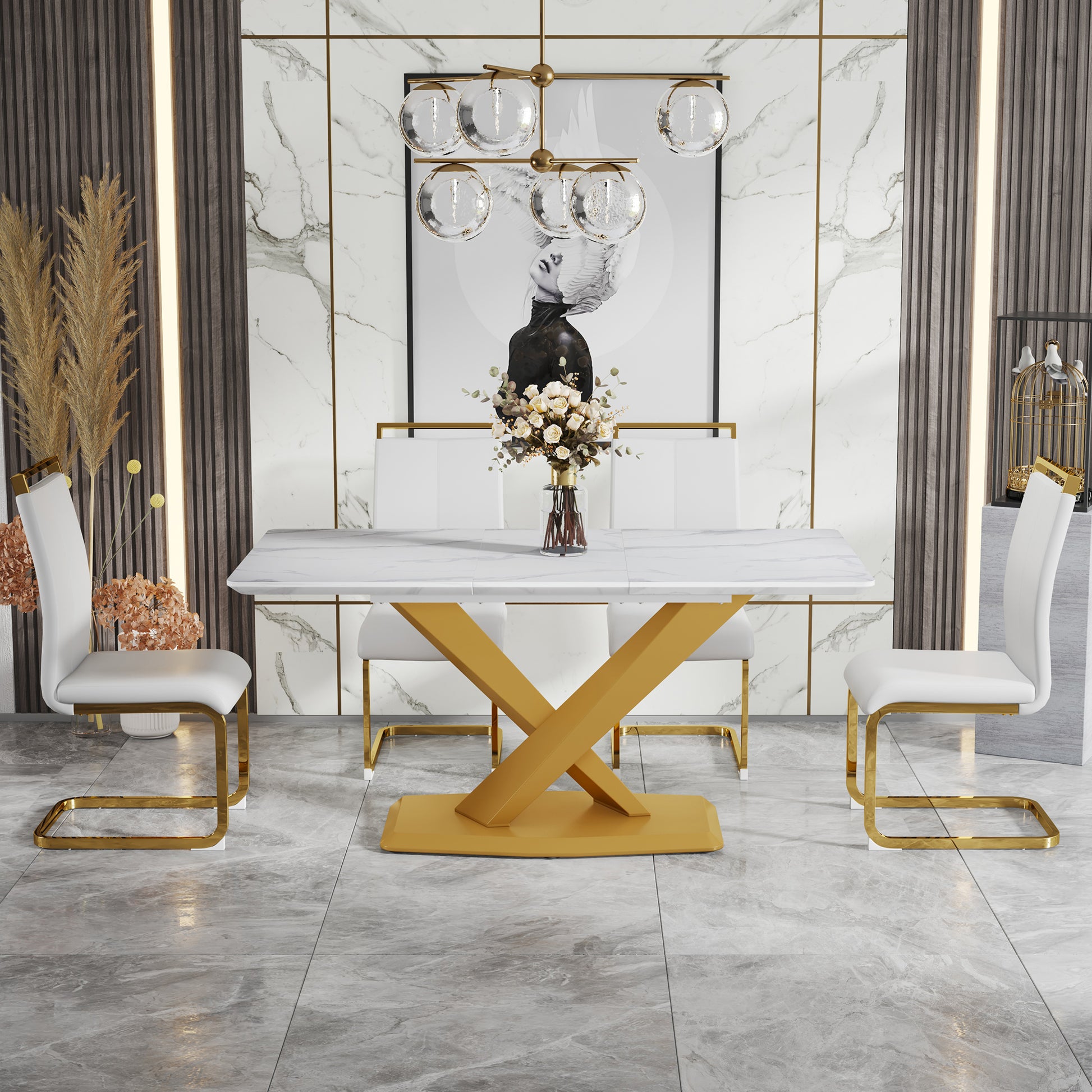 Table And Chair Set, The Table Is Equipped With A Marble Patterned Mdf Tabletop And Gold Table Legs.The Chair Is Equipped With Pu Synthetic Leather High Back Cushion And Gold Coated Metal Legs. Gold White Seats 4 Mdf Metal