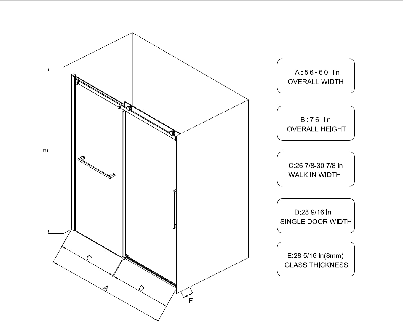 S Rm6076Tc 56 60"W X 76"H Sliding Shower Door, Frameless Glass Shower Door With Chrome Hardware, Towel Bar And Handle Chrome Bathroom Modern Tempered Glass