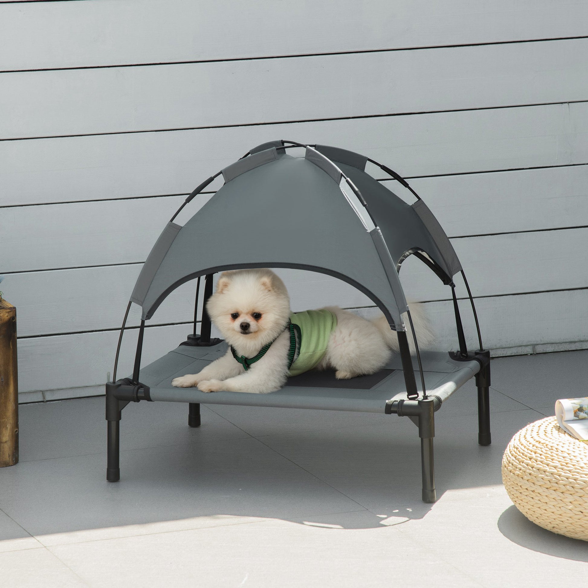 Pawhut Elevated Portable Dog Cot Pet Bed With Uv Protection Canopy Shade, 24 Inch, Gray Gray Metal