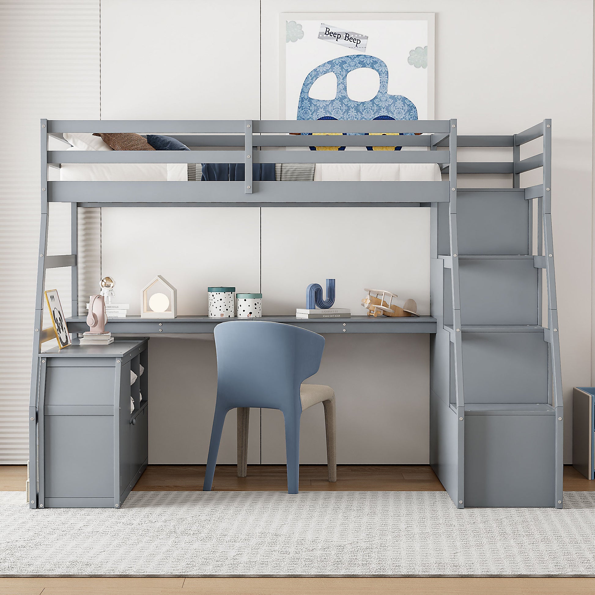 Full Size Loft Bed With 7 Drawers 2 Shelves And Desk Gray Full Gray Plywood