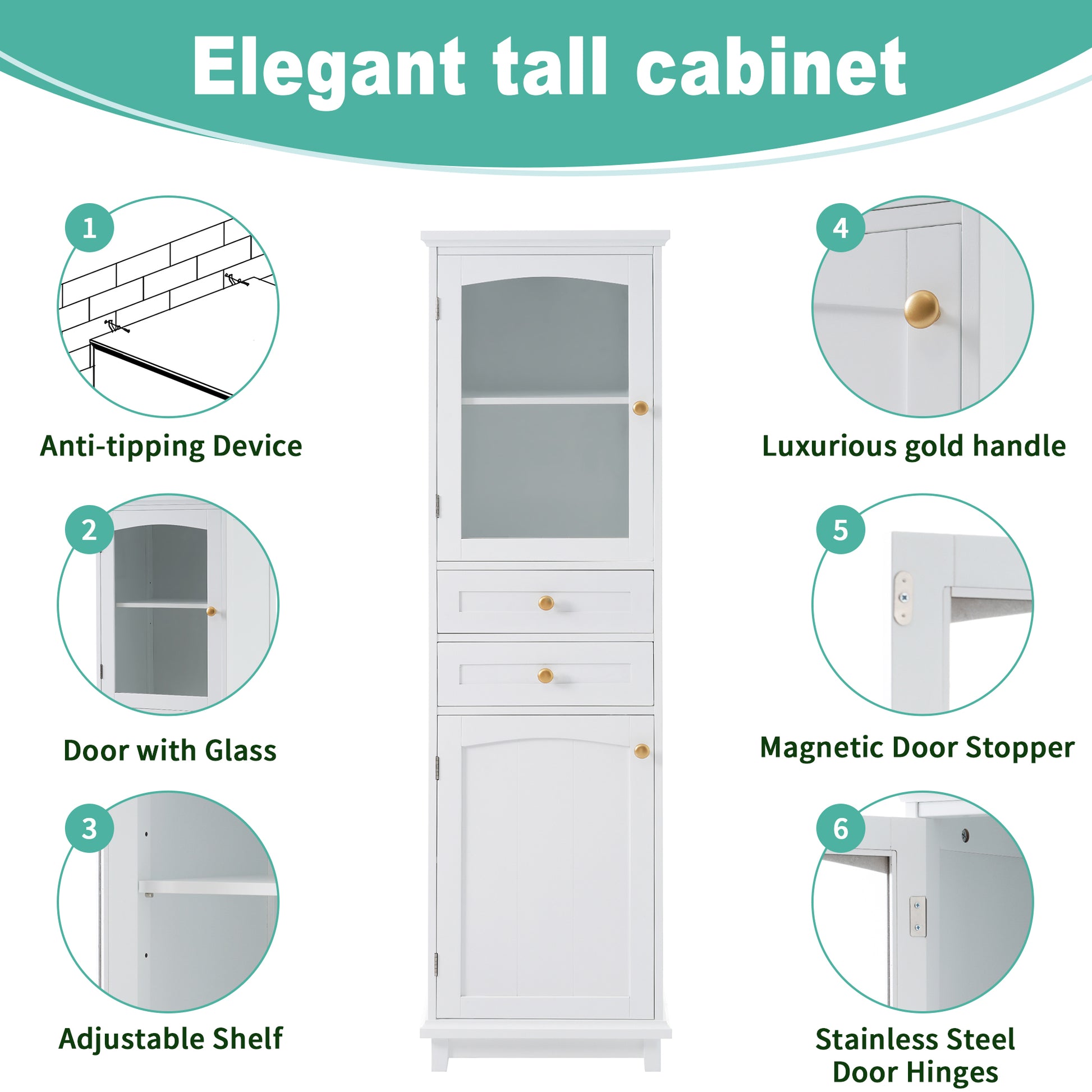 Tall Bathroom Storage Cabinet With Glass Doors, Free Standing, Two Drawers, And Adjustable Shelves, Mdf Board, Painted White Perfect For Displaying Your Favorite Items 2 White 2 4 Adjustable Shelves Bathroom Freestanding Partice Board Mdf Pine Wood