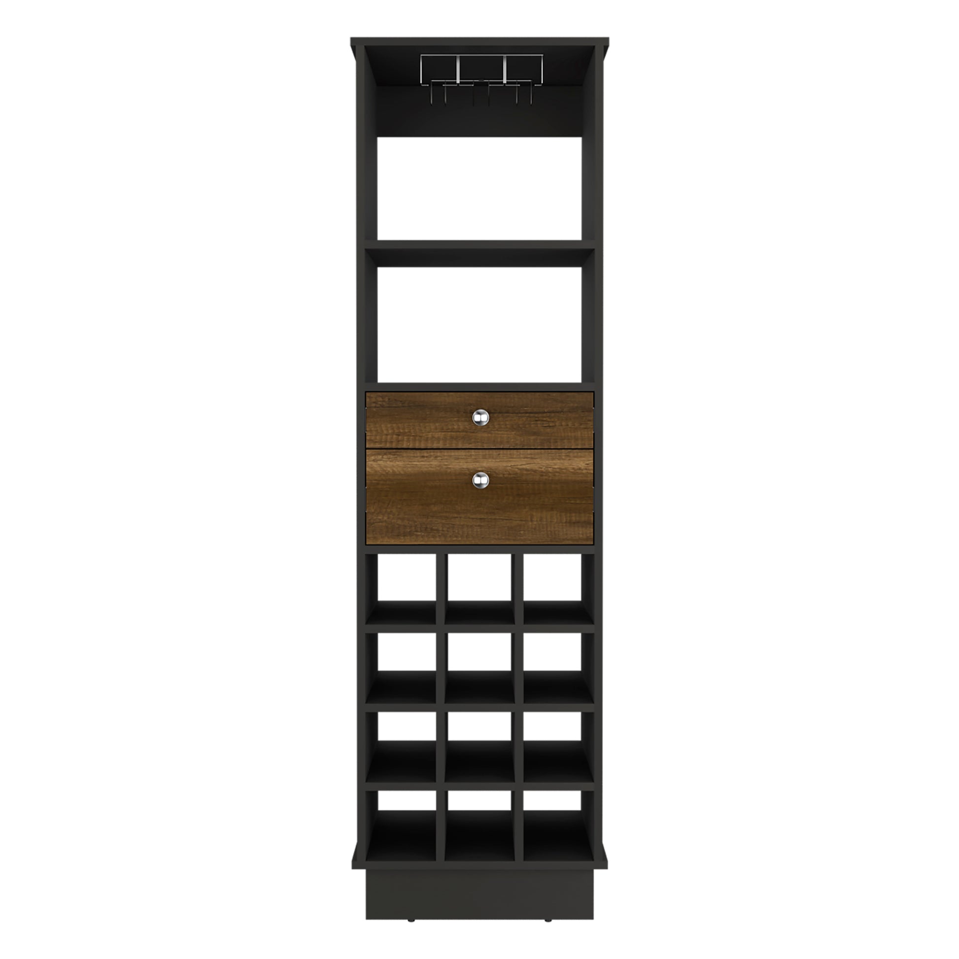 Classic Bar Cabinet, Two Drawers, Twelve Built In Wine Rack Black Walnut Multicolor Particle Board Particle Board