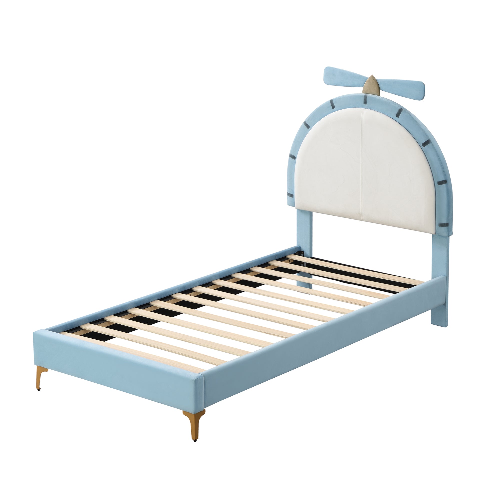 Twin Size Upholstered Platform Bed With Alarm Clock Shaped Headboard, Blue Box Spring Not Required Twin Blue Wood Bedroom Bed Frame Velvet Upholstered