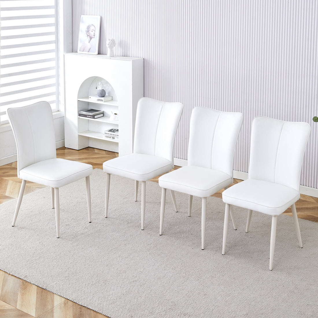 Modern Minimalist Dining Chair, White Pu Leather Curved Back And Seat Cushion, White Metal Chair Legs, Suitable For Dining Room, Bedroom, Living Room. A Set Of Four Chairs. 008 White Pu