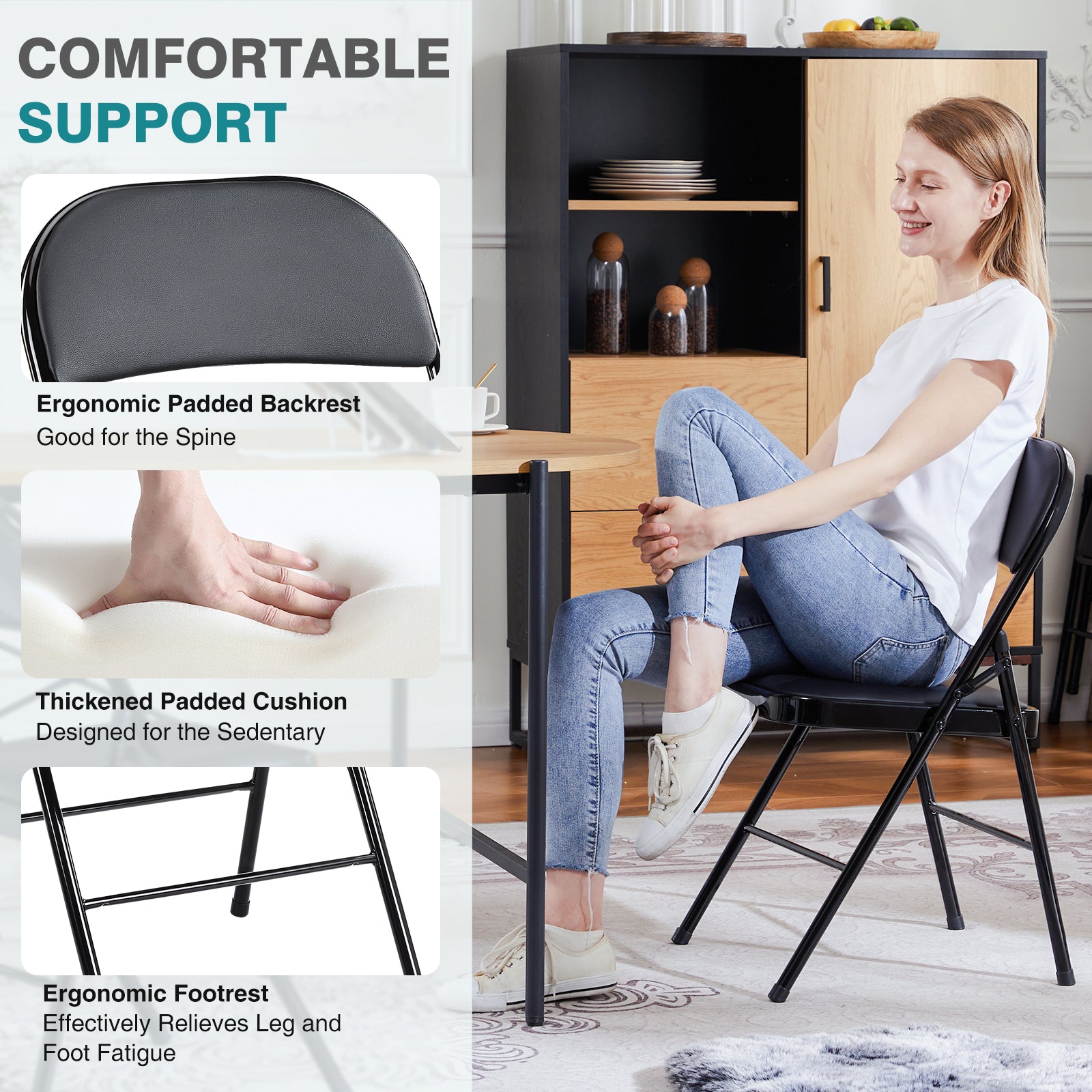 Folding Chair 2 Pack, Leather Padded Folding Chairs, Sturdy Metal Foldable Chairs, For Home, Office, Party, Black 2 Pack Black Stainless Steel