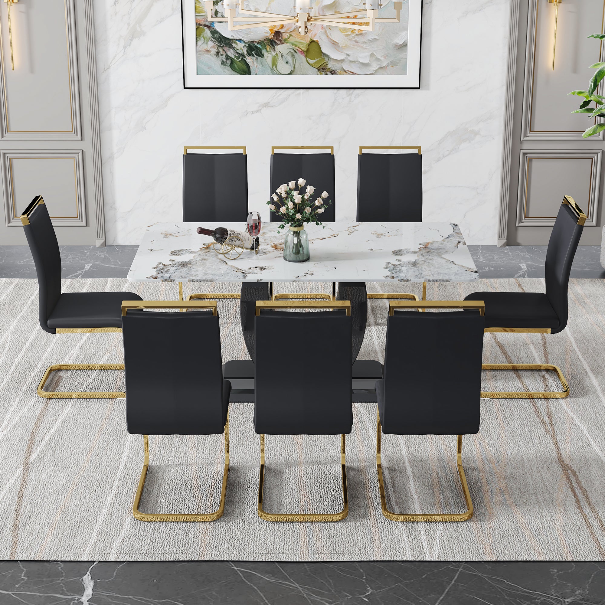 Table And Chair Set, Modern Dining Table, Patterned Table Top And Black Mdf Table Leg, Soft And Comfortable Dining Chair, Perfect For Dinner, Meetings, Home And Office Decor Black Mdf Glass