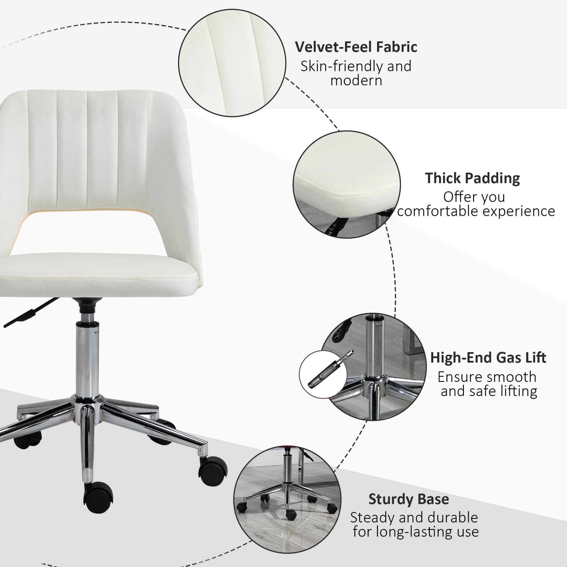 Vinsetto Modern Mid Back Office Chair With Velvet Fabric, Swivel Computer Armless Desk Chair With Hollow Back Design For Home Office, Cream White Cream White Polyester