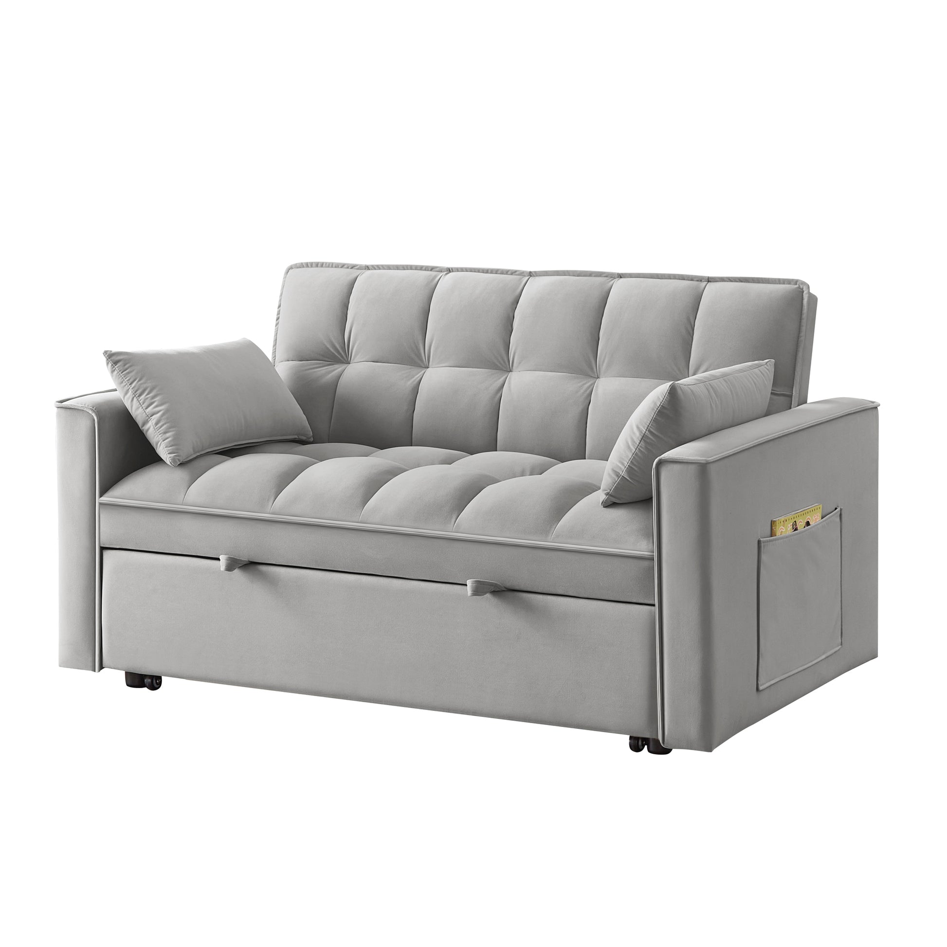 4 In1 Loveseat Sofa Bed With Armrests & Storage Pockets, Multi Function Tufted Pull Out Sofa Bed With Adjustable Backrest And Pillows, Convertible Loveseat Sofa Couch, Gray Gray Velvet Primary Living Space Medium Soft Tufted Back American