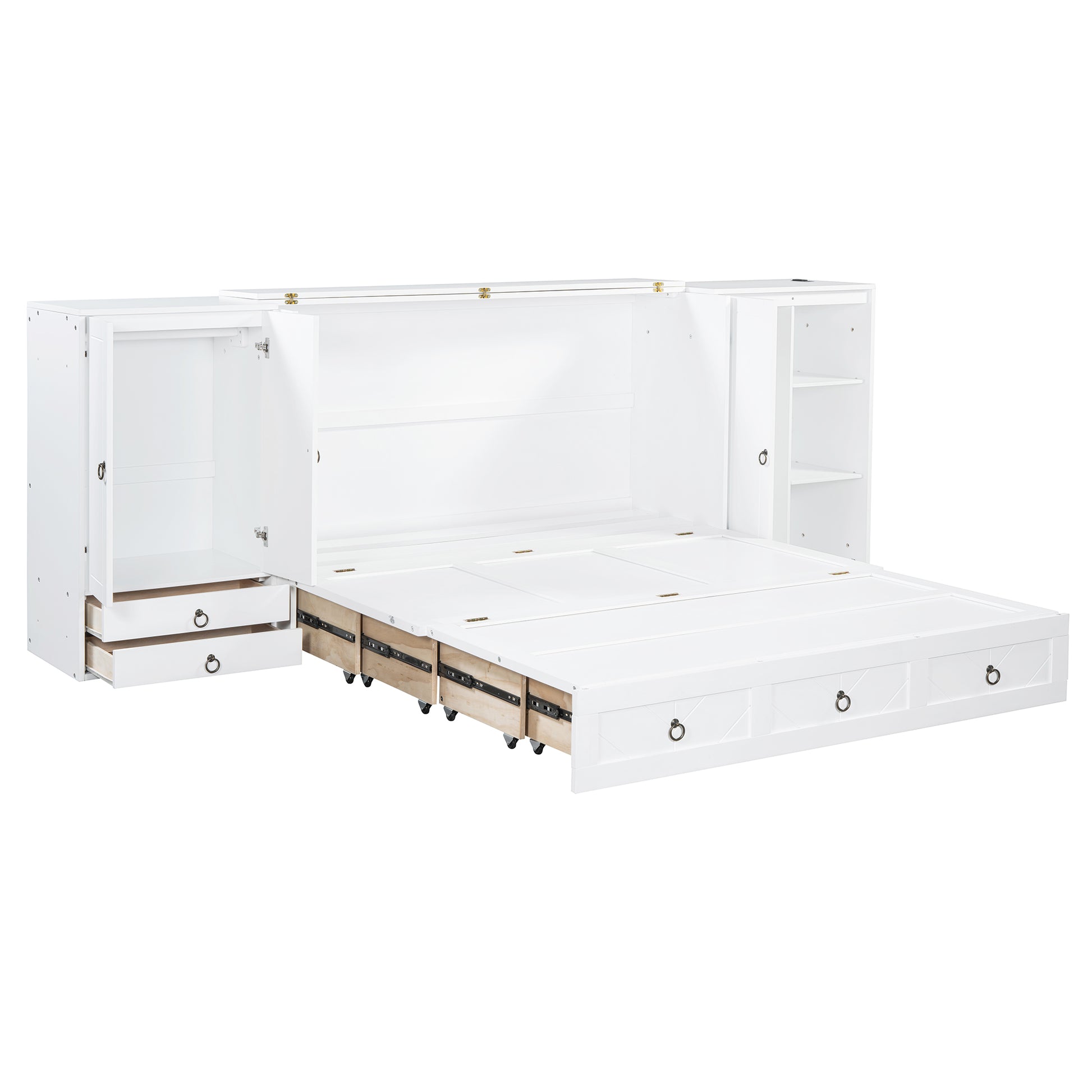 Queen Size Murphy Bed With Usb Port, Little Wardrobes And Drawers, White Queen White Particle Board Mdf