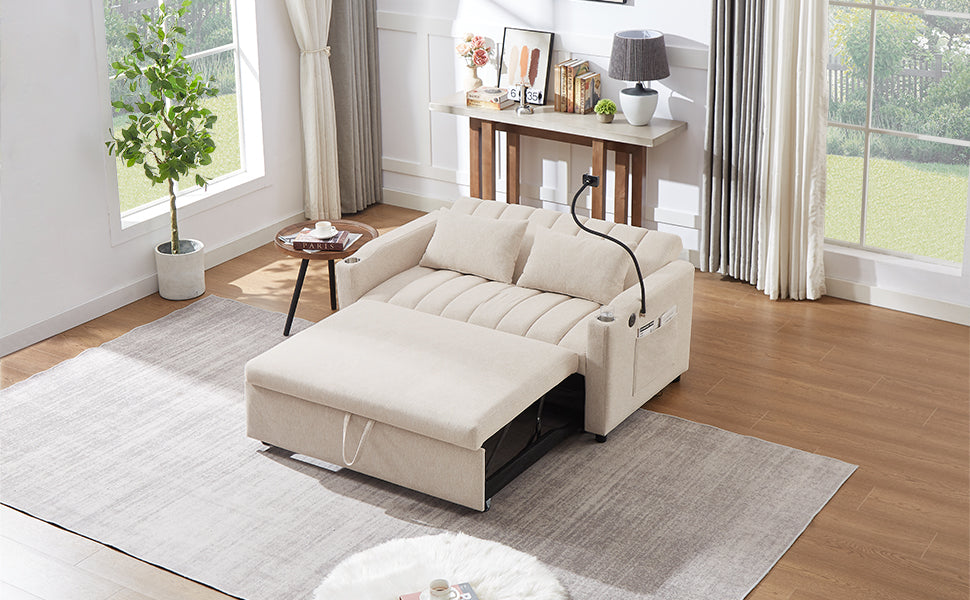 55.9" Convertible Sofa Bed Loveseat Sofa With Three Usb Ports, Two Side Pockets, Two Cup Holders And 360 Swivel Phone Holder For Living Room, Beige Beige Foam Polyester